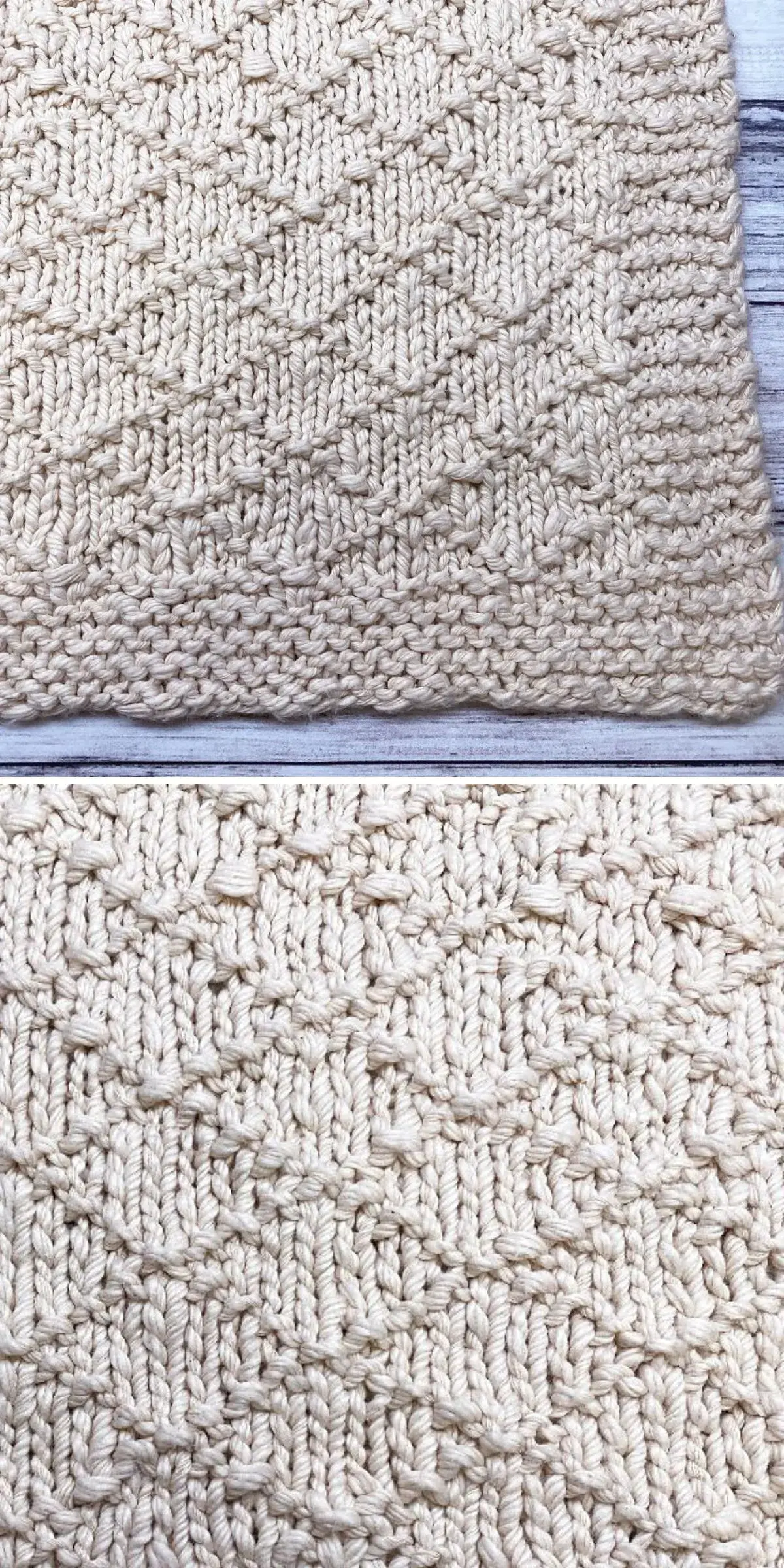 Close-up of a beige knitted fabric, reminiscent of cozy knitted blankets, with a textured pattern showcasing intricate weaving and a neatly finished edge on a light wooden surface.