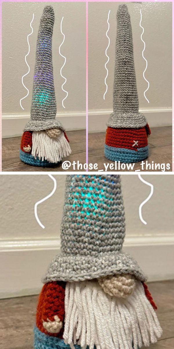 a crochet gnome with a big long hat