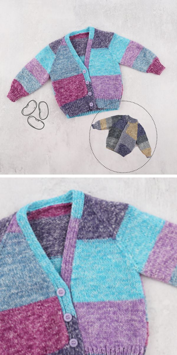 a colorful knitted baby cardigan with buttons
