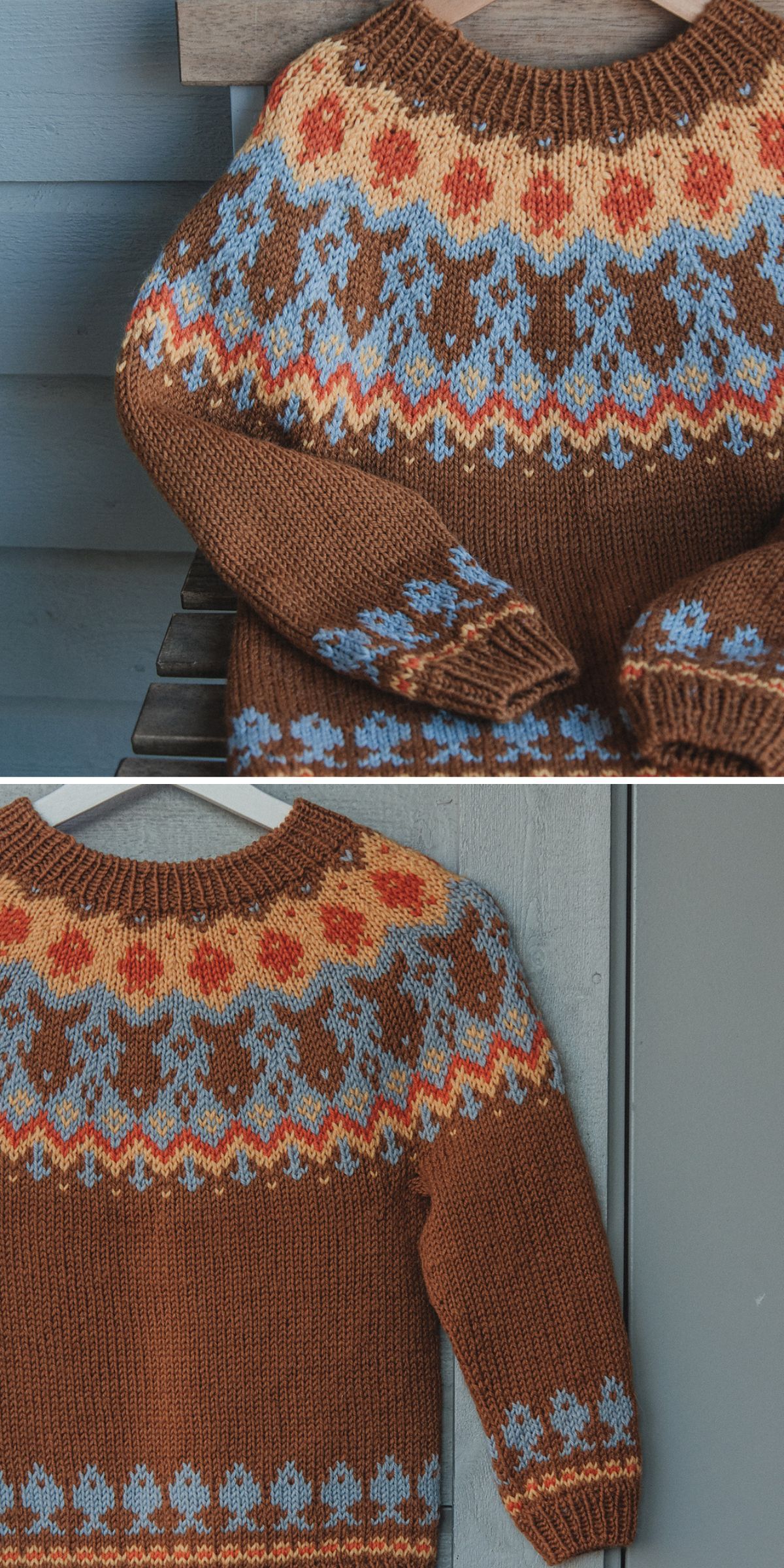 A brown knitted baby sweater featuring a multicolored, intricate pattern in blue, yellow, red, and white on the chest and cuffs is displayed on a wooden chair against a blue wall.