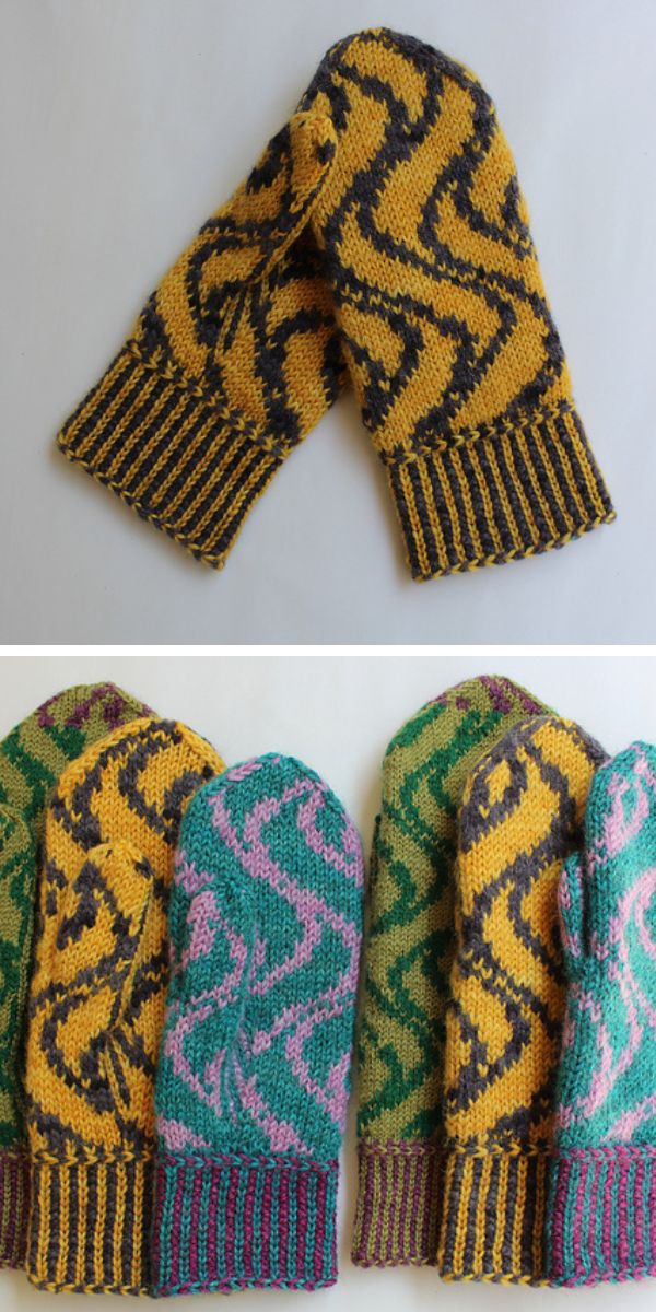 knitted mittens with a zigzag design
