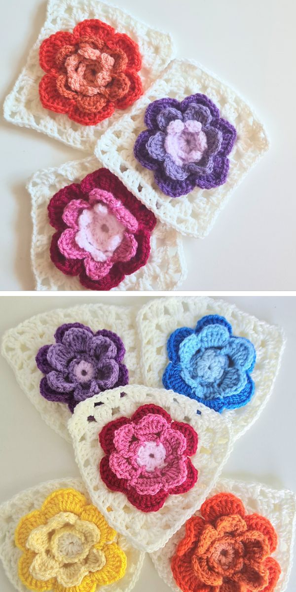 crochet granny squares and triangles with flower center motifs