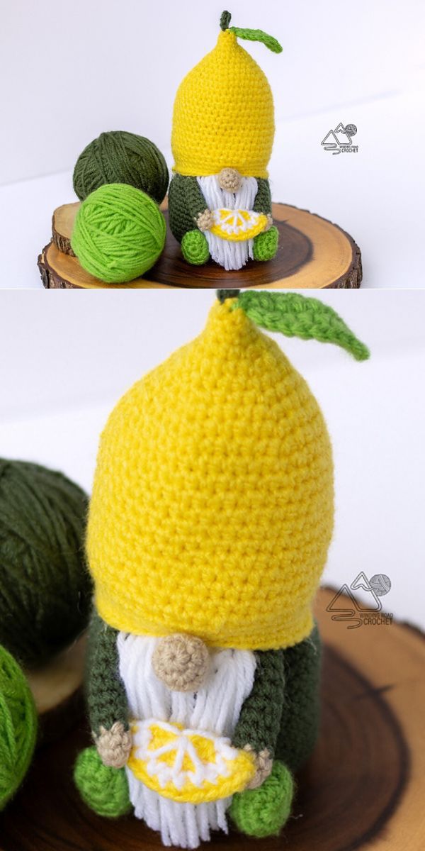 a crochet gnome with a slice of lemon