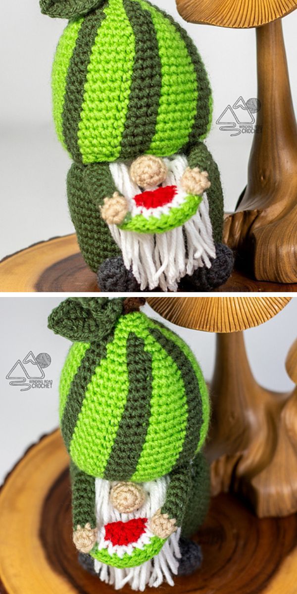 a crochet gnome with watermelon hat