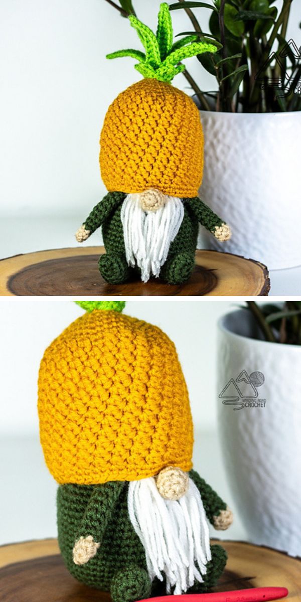 a crochet gnome amigurumi with a pineapple hat