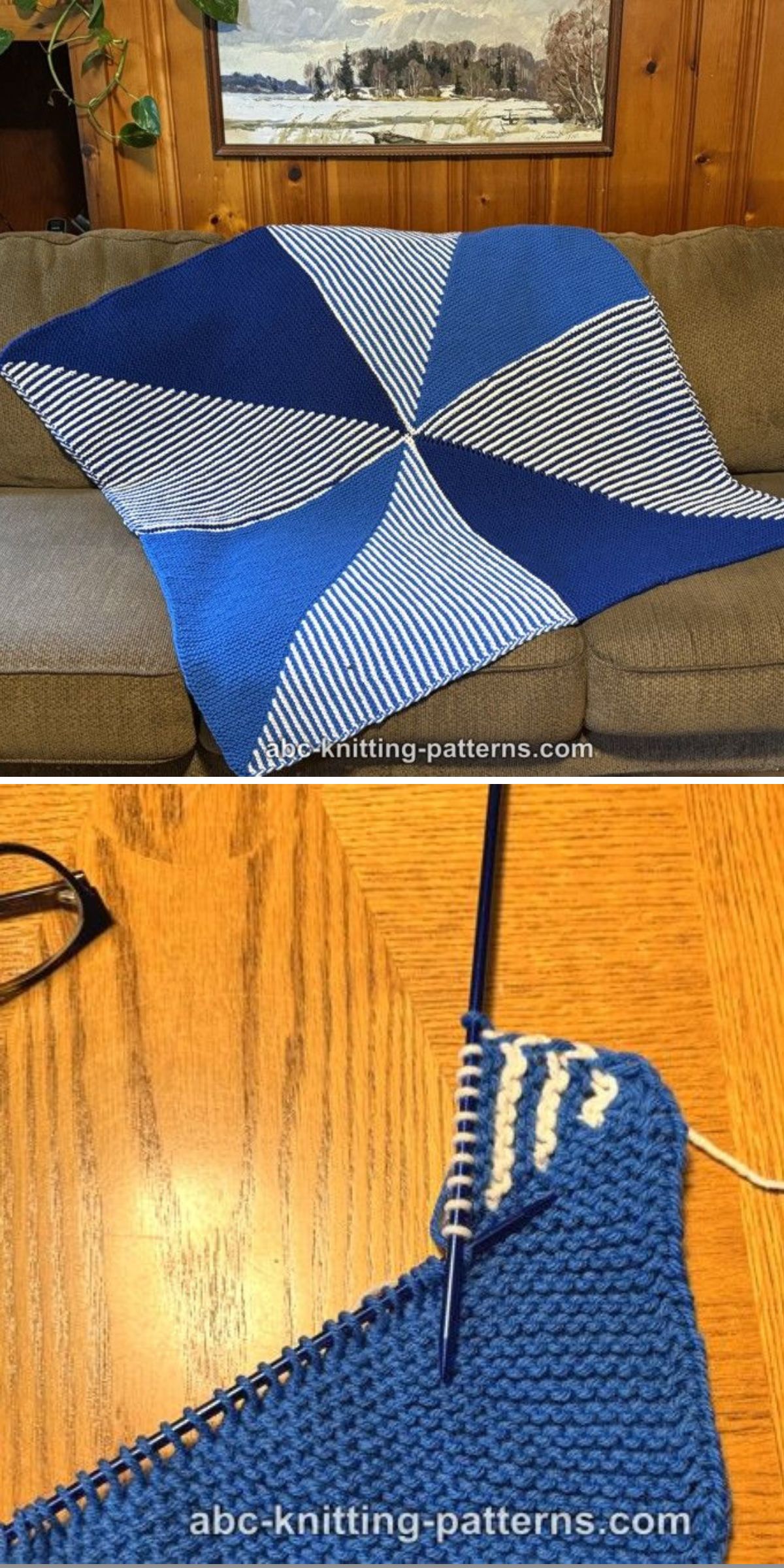 Blue and white knitted pinwheel blanket on a couch, top image. A close-up of the knitted blanket in progress with blue and white yarn resting on a wooden table, bottom image.