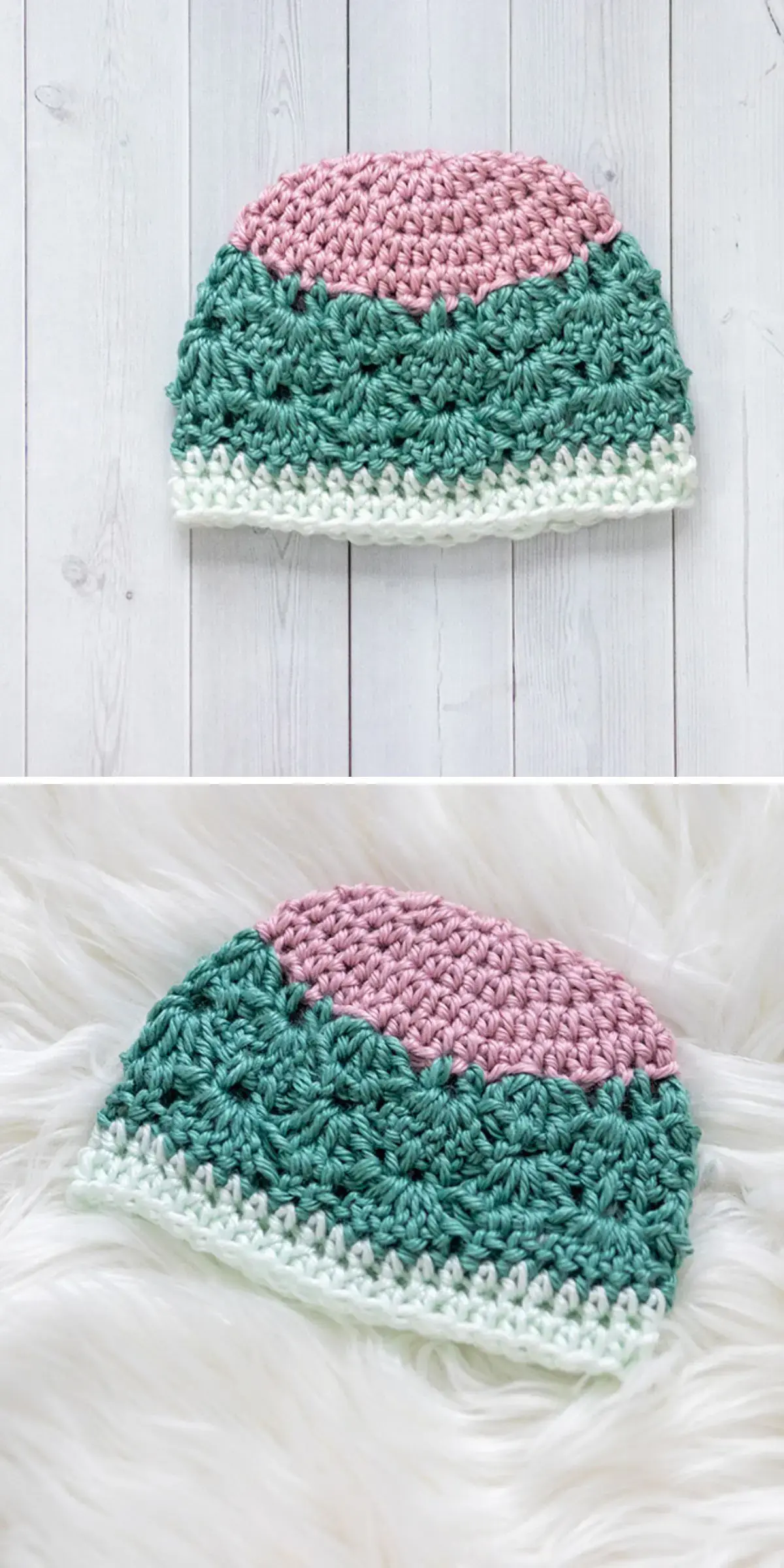This crochet beanie features delightful pink, green, and white sections, elegantly displayed on light backgrounds.
