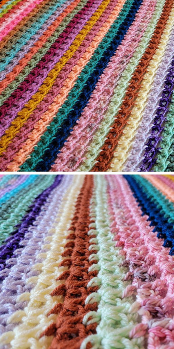 A brightly colored, striped crocheted blanket.