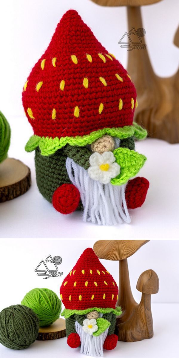 a crochet gnome with a strawberry hat