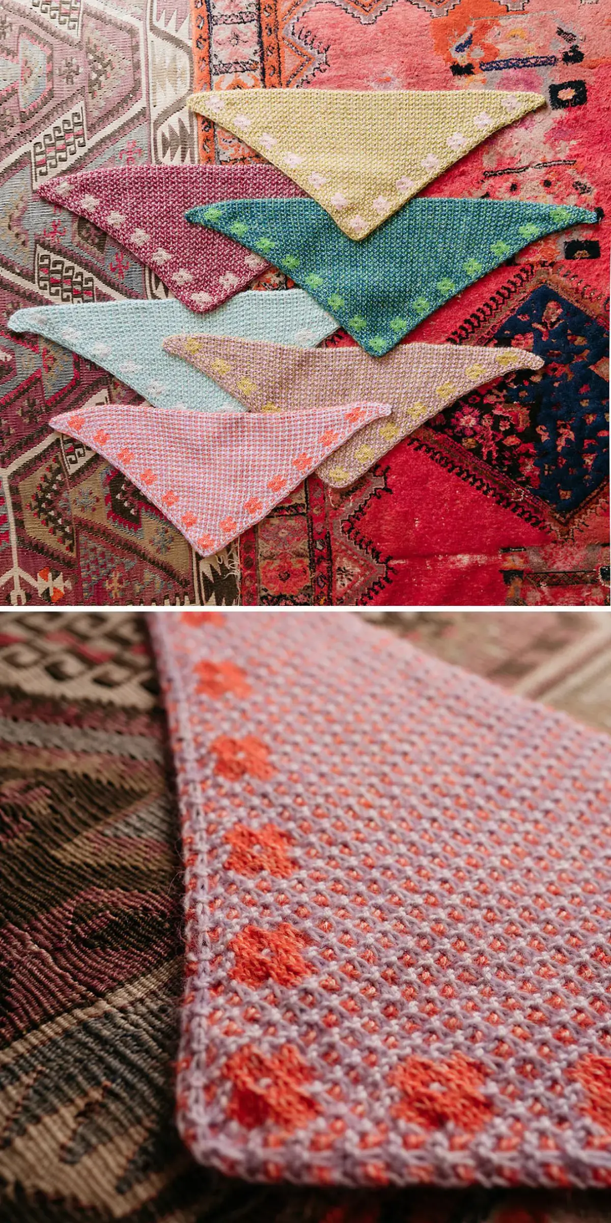 Five colorful knitted bandanas, are laid out on a patterned carpet. Close-up detail reveals pink and orange yarn textures.