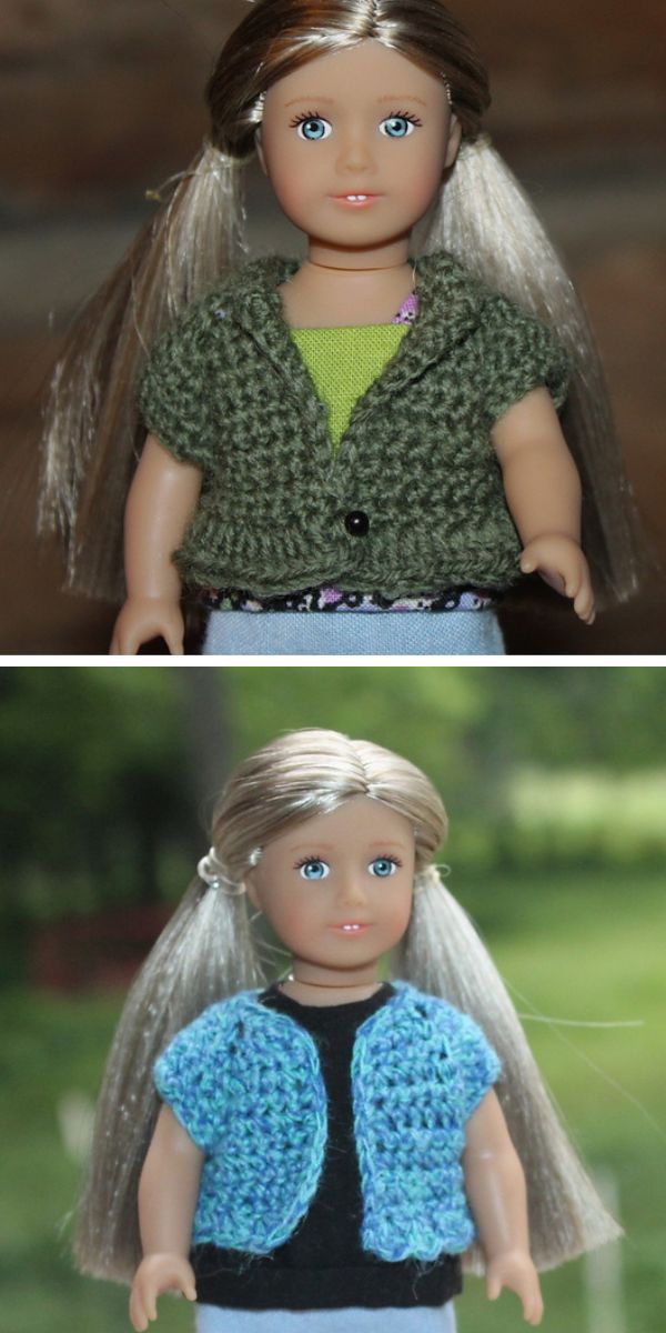 a crochet doll cardigan with short sleeves