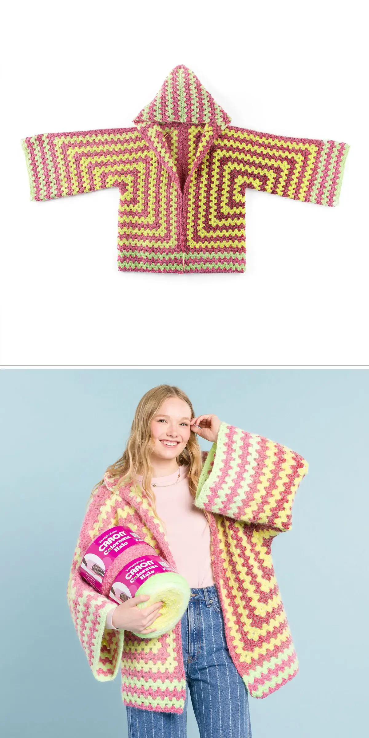 A crocheted hoodie with a zigzag pattern in pink, yellow, and green, shown laid flat and worn by a person holding matching yarn. This piece pairs beautifully with a granny square cardigan for those who adore vibrant crochet styles.