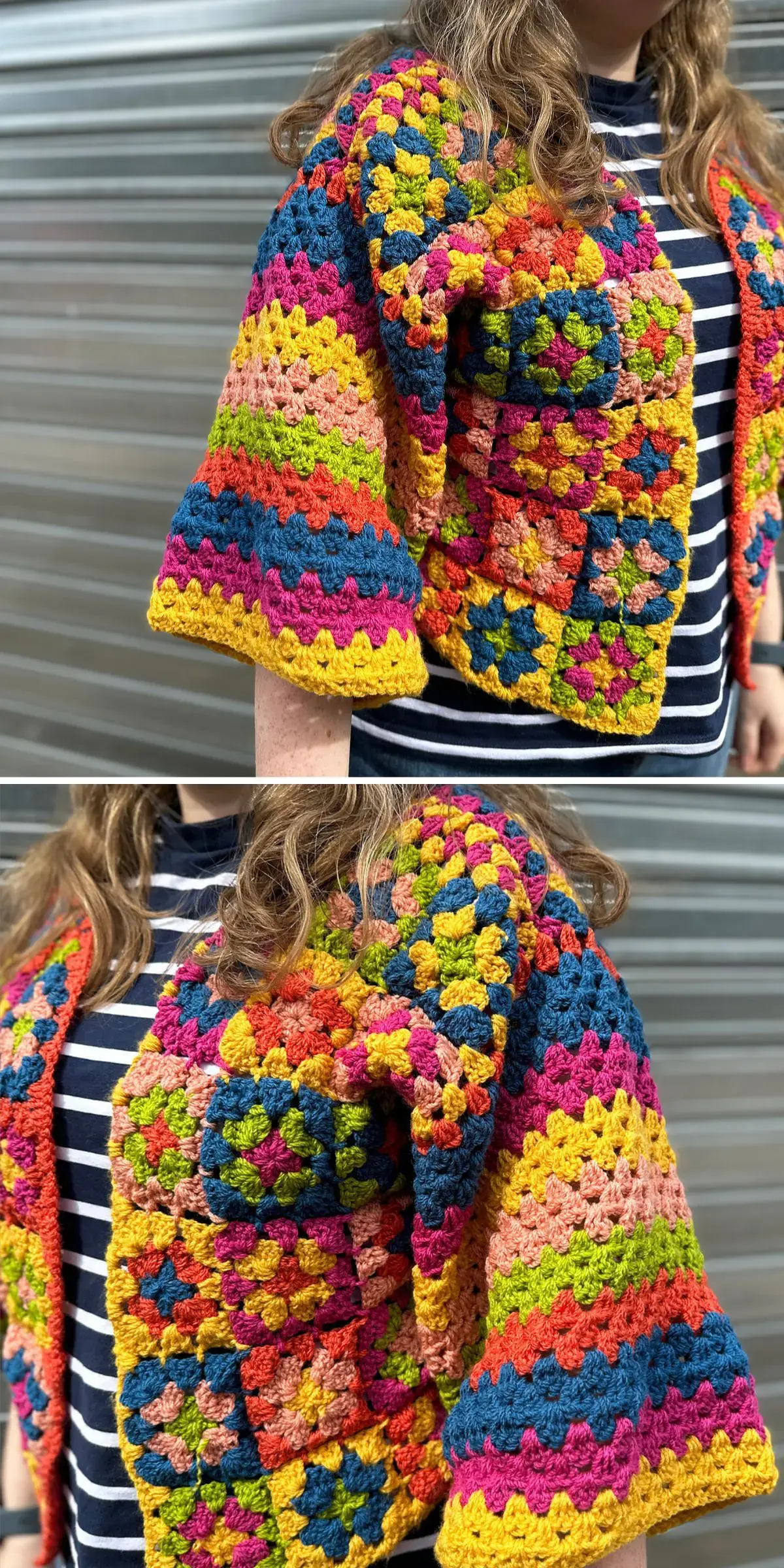 A colorful granny square cardigan with geometric patterns in vibrant hues is elegantly worn over a black and white striped top.