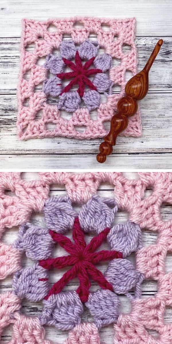 a pink lace crochet granny square 