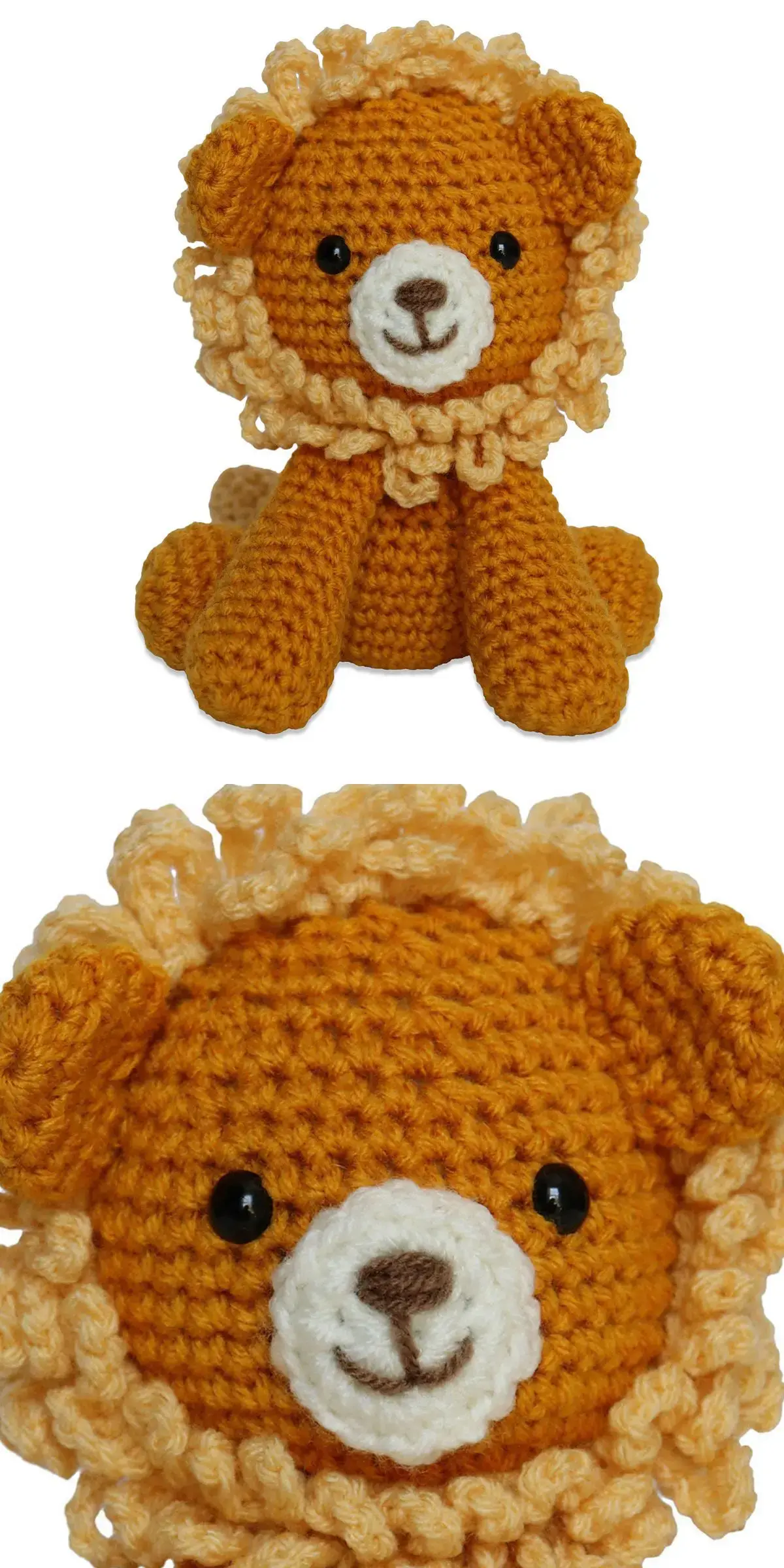 Two images of a crocheted lion toy, showing a full body view and a close-up of its face, featuring a fluffy mane and black eyes.