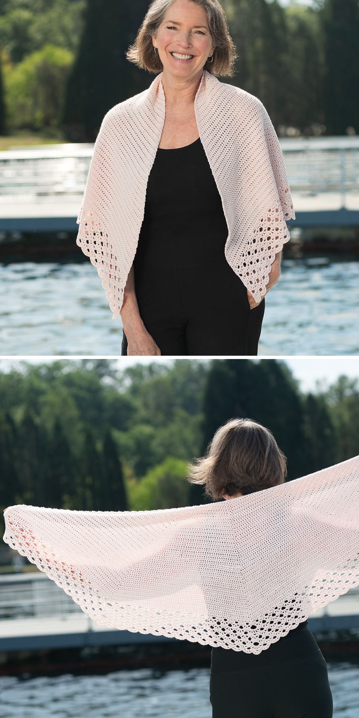 A woman is wearing a light pink crochet shawl by the water. 