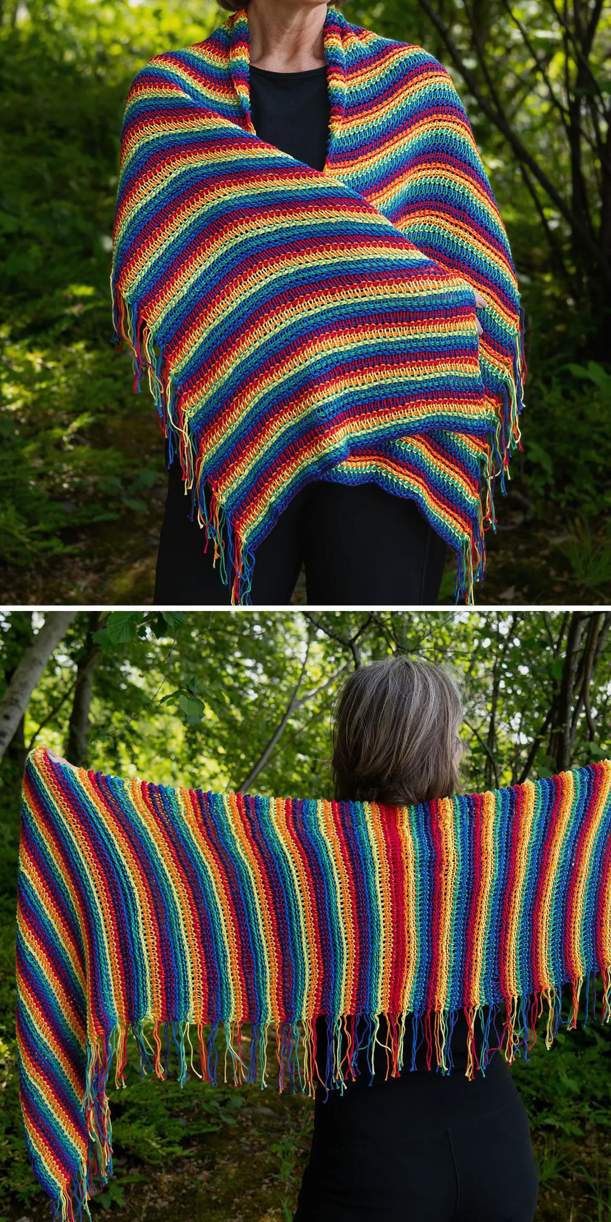 A person stands in a wooded area, wearing a colorful striped knit shawl with fringe, reminiscent of beautifully crafted crochet wraps.