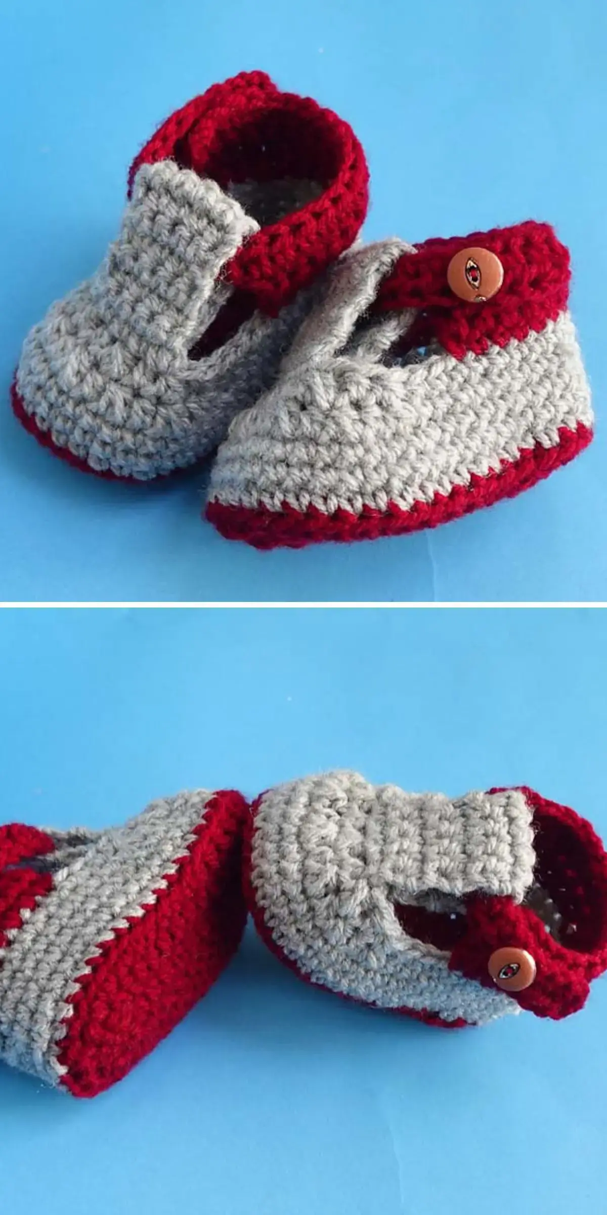 Two images of charming crochet baby booties crafted with red and gray yarn, featuring a button closure, set against a soothing blue background.