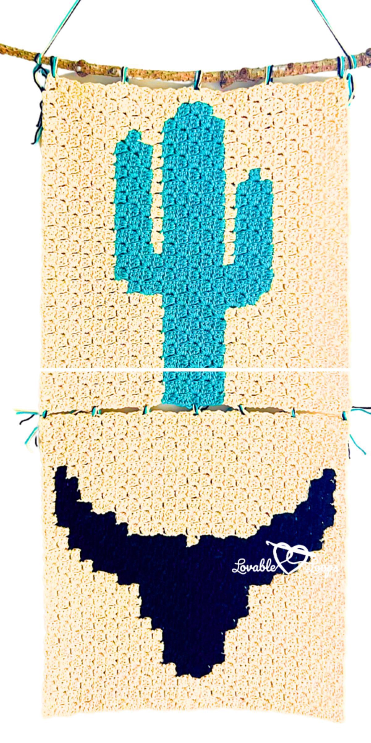 A crochet wall hanging featuring a turquoise cactus on a beige background, accented by a navy blue design beneath it, all elegantly hung from a wooden stick.