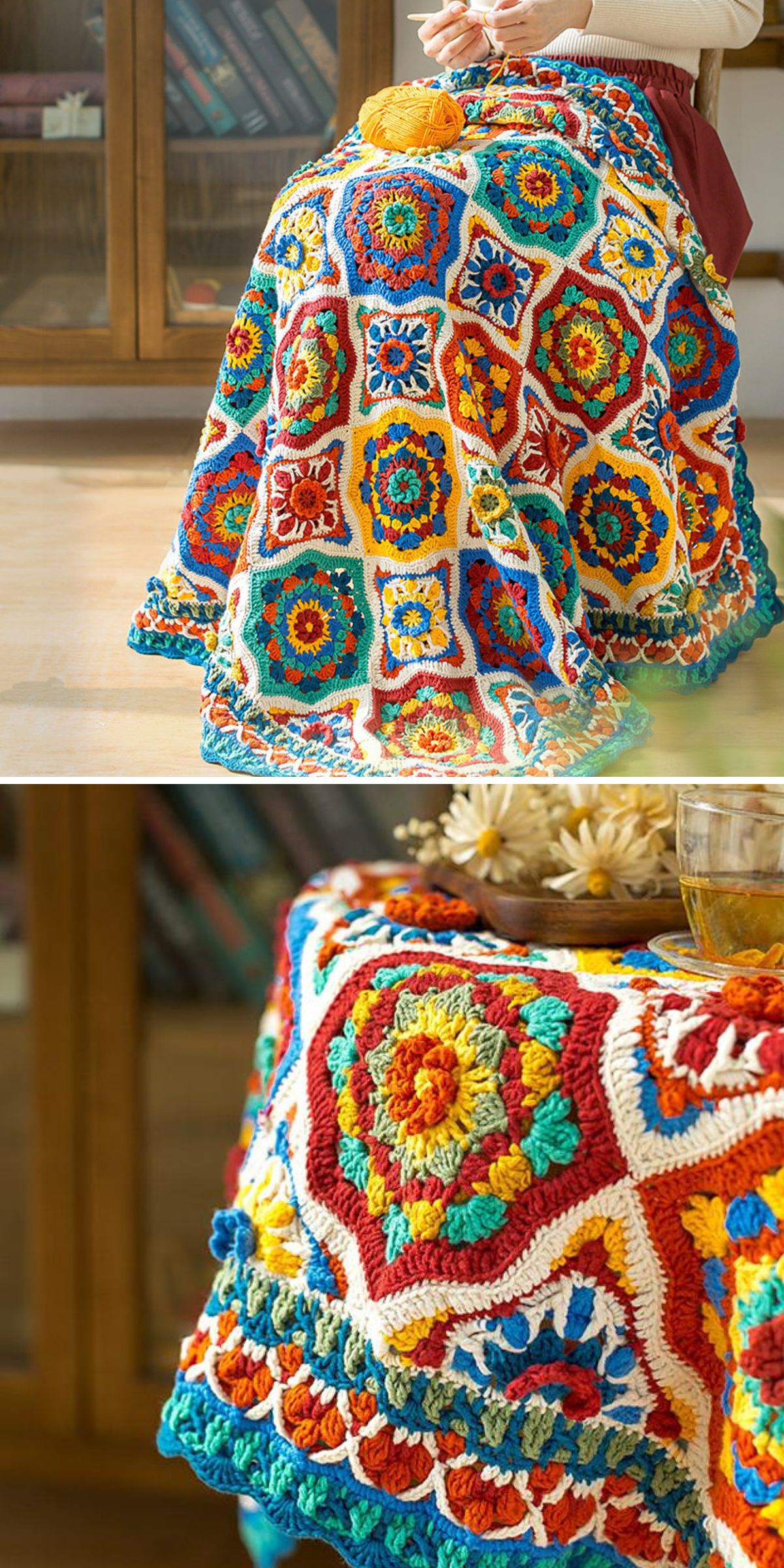 A colorful crochet afghan with intricate geometric patterns draped elegantly over a person's lap and a table.