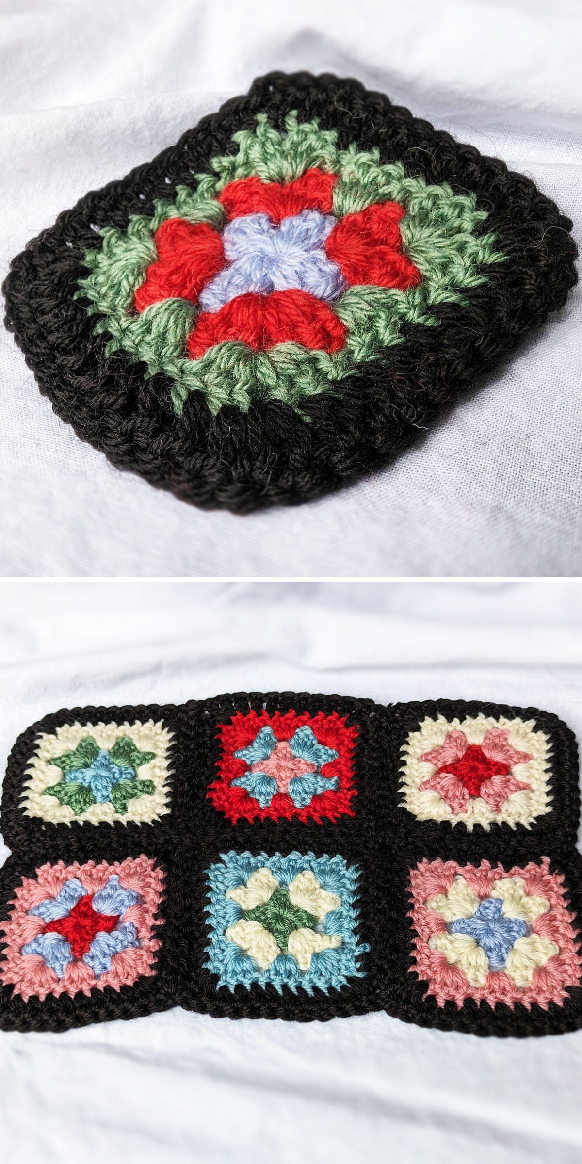 Two images of crocheted granny squares, perfect for Granny Square Blankets. The top showcases a single square with red, green, and black hues. The bottom reveals a row of five squares in diverse colors, all bordered in black.