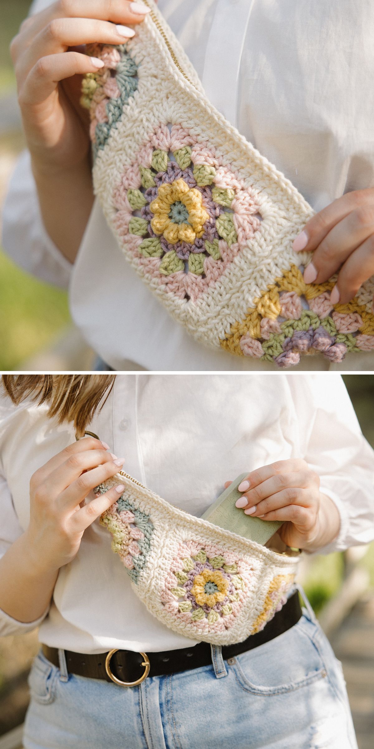 A pair of images showcases a person holding a vibrant crochet bag adorned with multicolored floral patterns. Clad in a white shirt and blue jeans fastened with a black belt, the ensemble effortlessly complements the unique charm of the crocheted accessory.