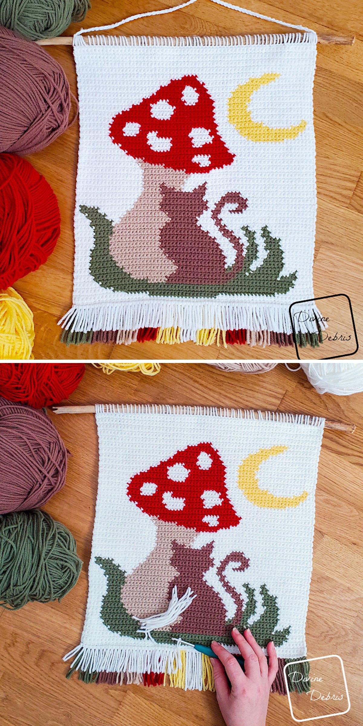 A charming crochet wall hanging features a cat nestled under a vibrant red mushroom, bathed in the glow of a crescent moon and encircled by colorful balls of yarn.