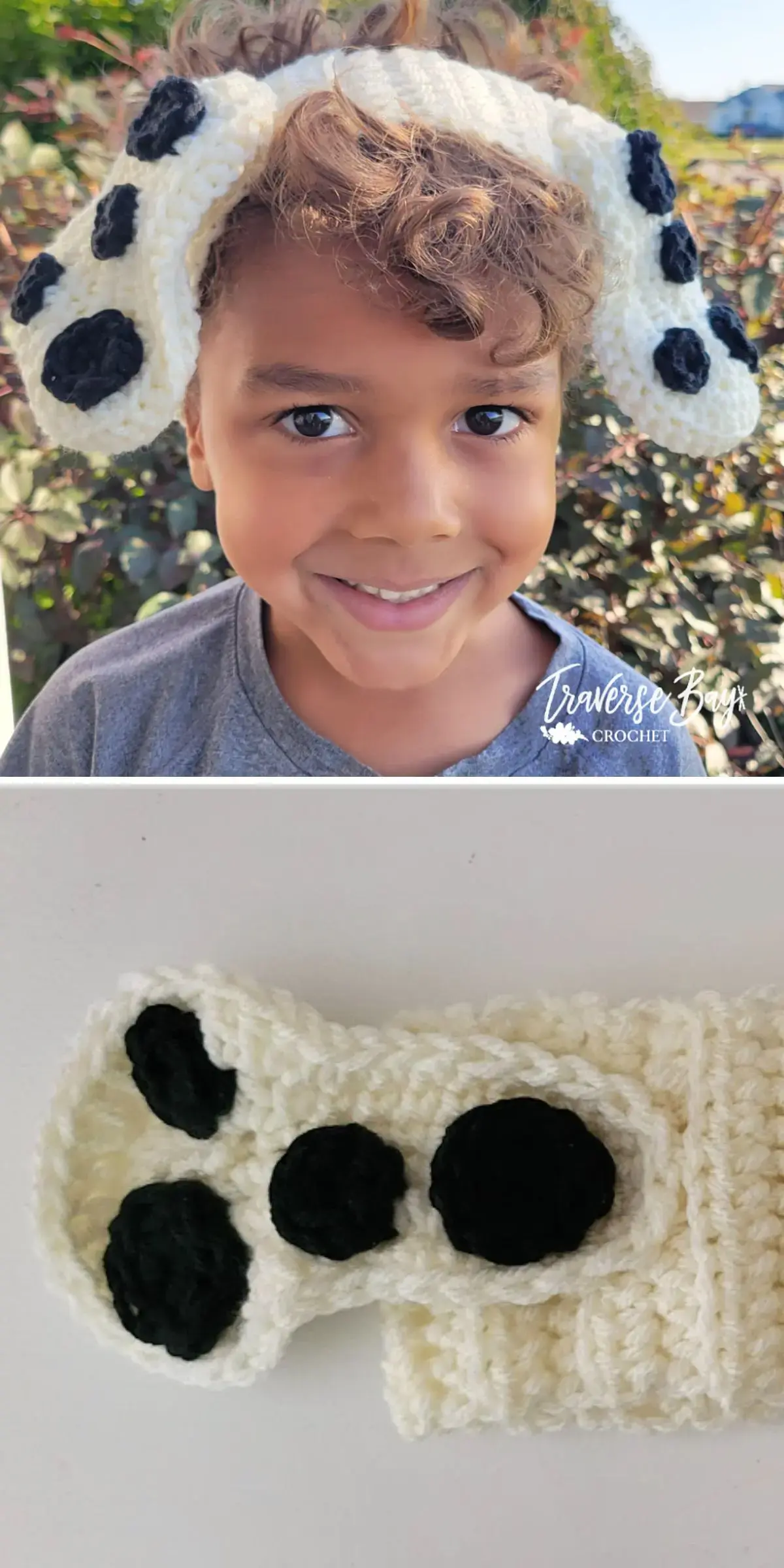 A child dons a charming crochet headband adorned with black and white ears, perfectly paired with a crocheted accessory decorated with playful black dots.