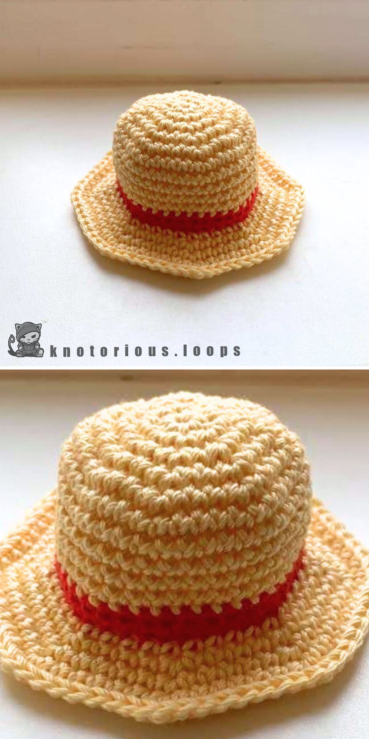 A crochet doll hat adorned with a red band.