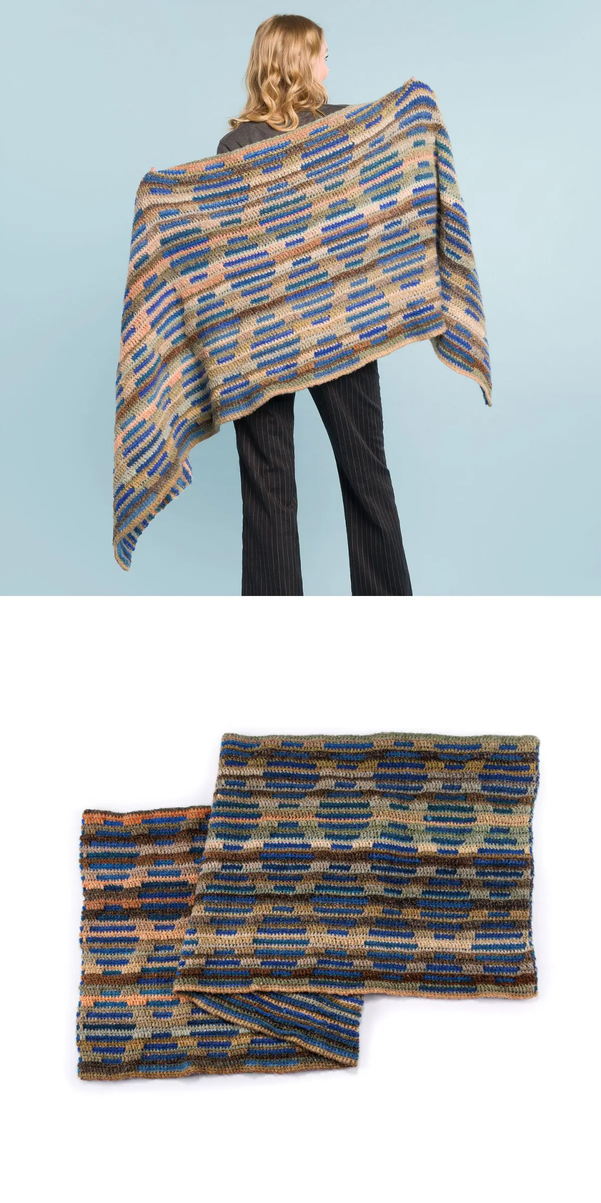A person draped in a crochet geometric-patterned scarf, featuring blue and brown tones, exudes a cozy elegance reminiscent of crochet wraps; the scarf is also shown folded in the second image.