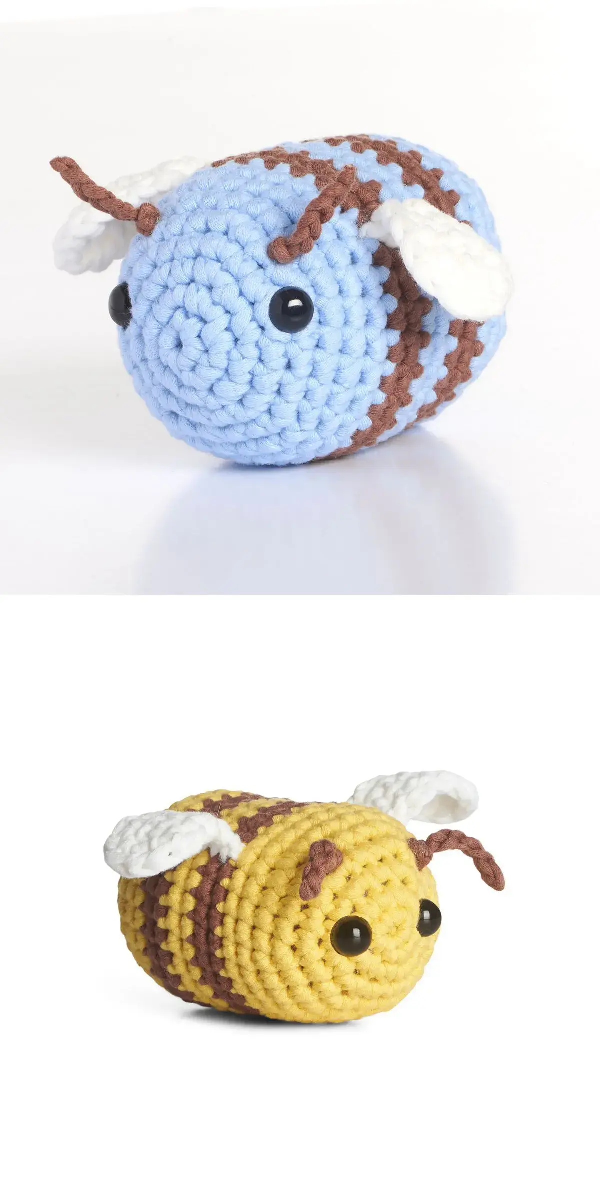 Two adorable crochet amigurumi bee plushies: one blue with brown stripes and another yellow with brown stripes, both sporting white wings and charming black eyes, set against a plain background.