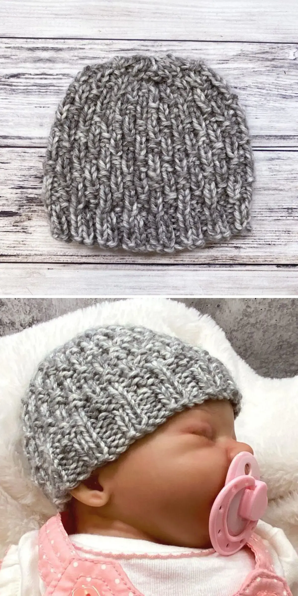 A cozy knitted gray beanie rests on a wooden surface, showcased alone and snugly worn by a sleeping baby with a pink pacifier.