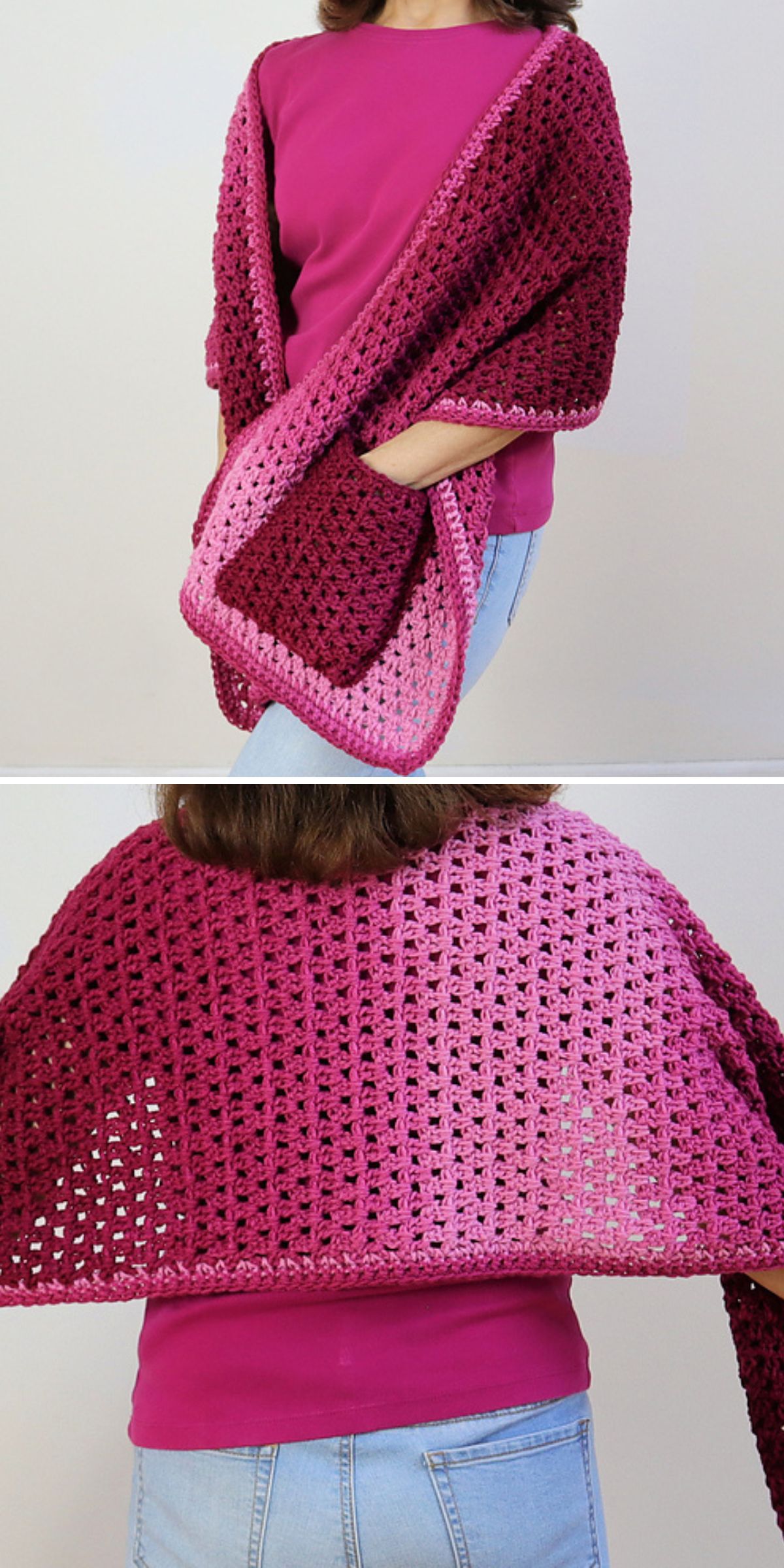 A person wearing a crochet red and pink shawl over a pink top and blue jeans.