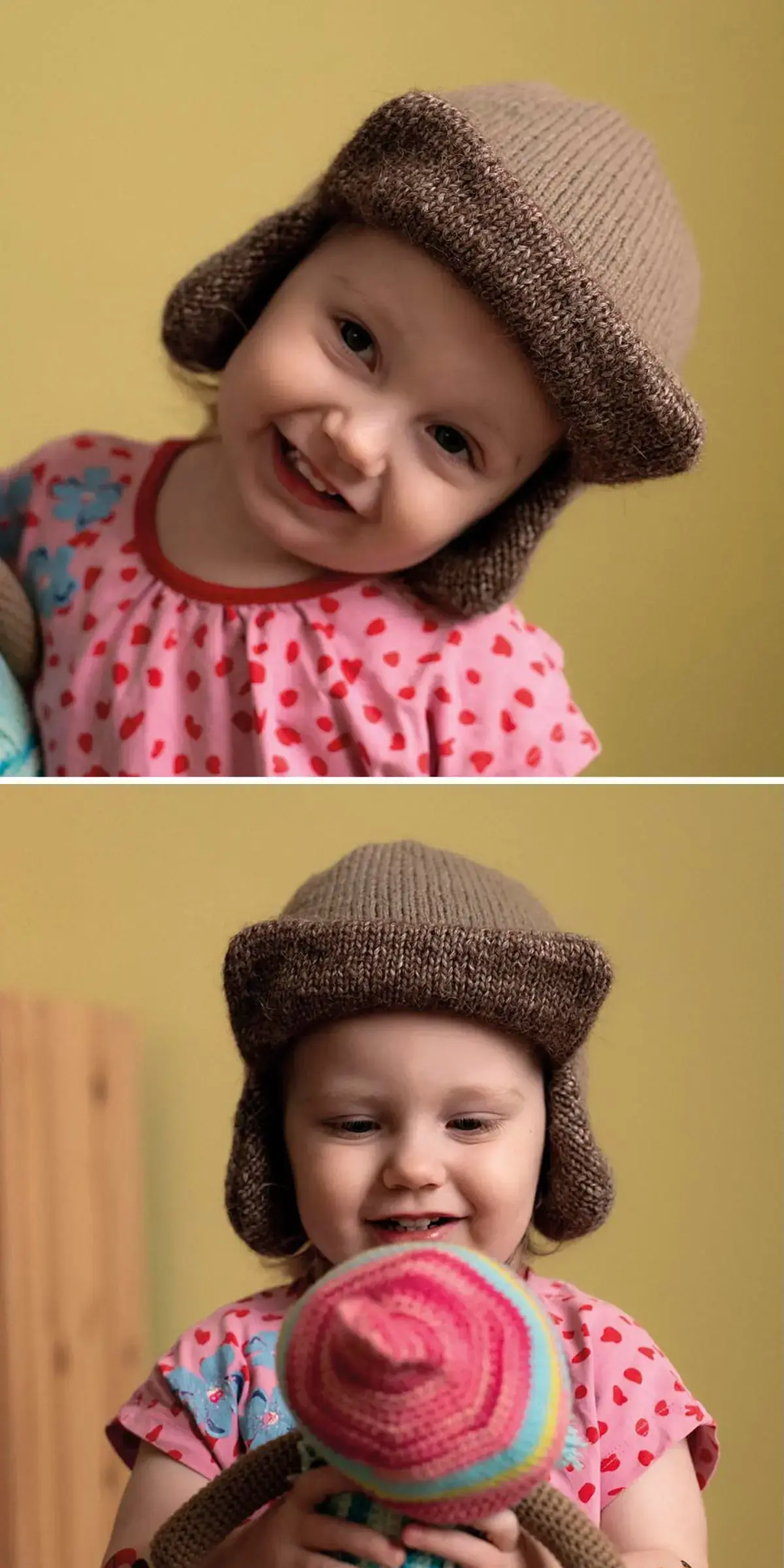 Two images of a young child in a cozy knitted hat. In the first image, the child is smiling and tilting their head. In the second, the little one looks down at a toy ball.