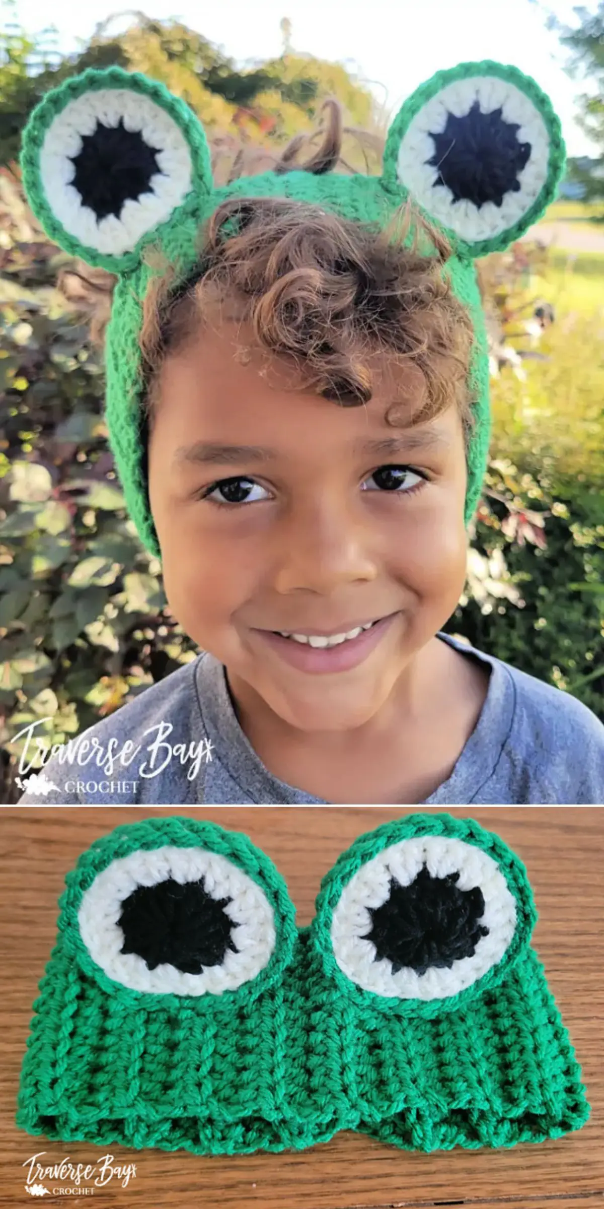 A child beams happily, adorned with a delightful green crocheted headband featuring large frog eyes. Below, an additional view showcases the intricate crochet headbands design.