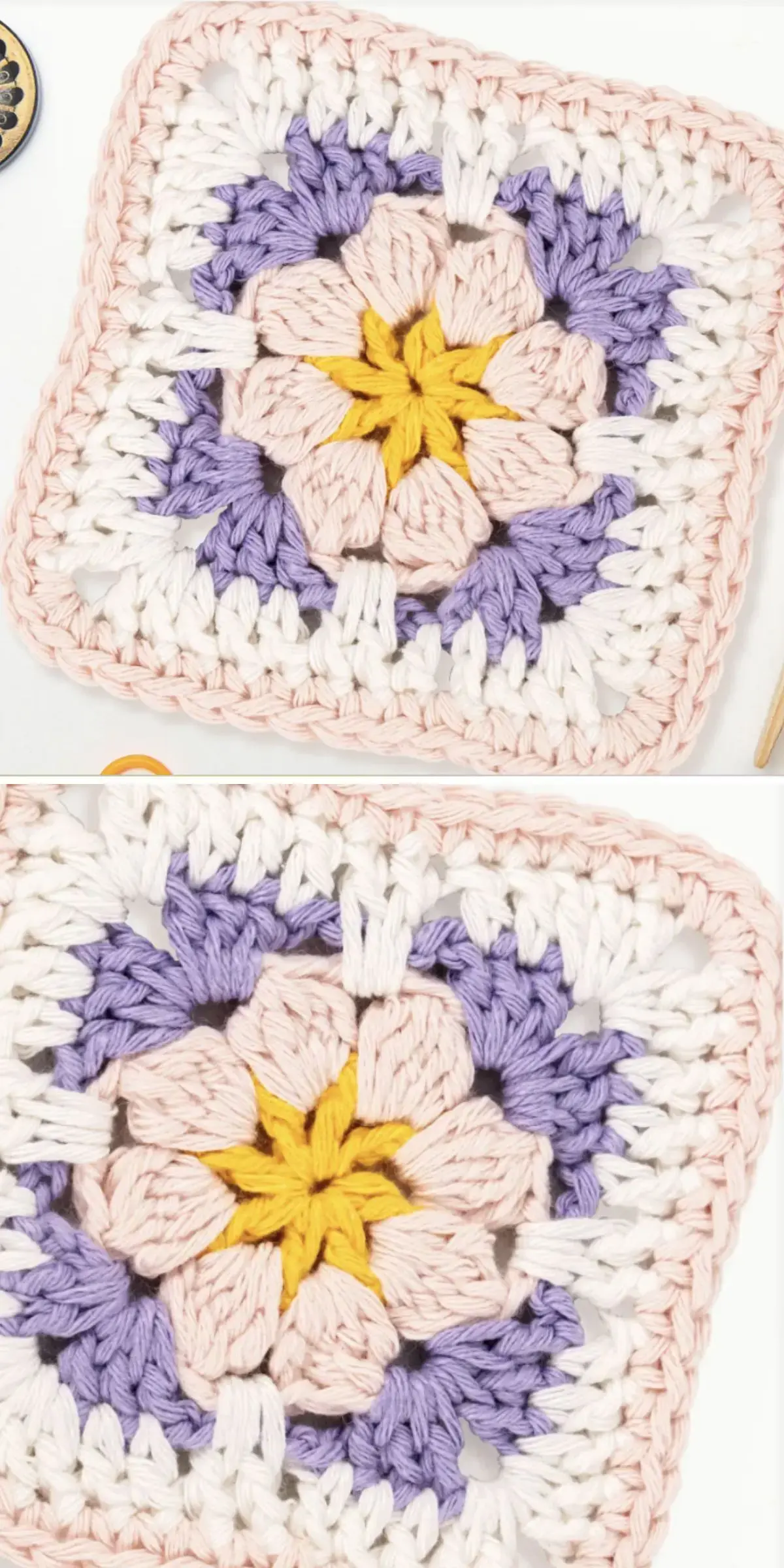 A delightful crochet square showcases a floral pattern, boasting a yellow center surrounded by pink petals, purple accents, and finished with a crisp white border. This design captures the artistry and charm typical of finely crafted crochet squares.