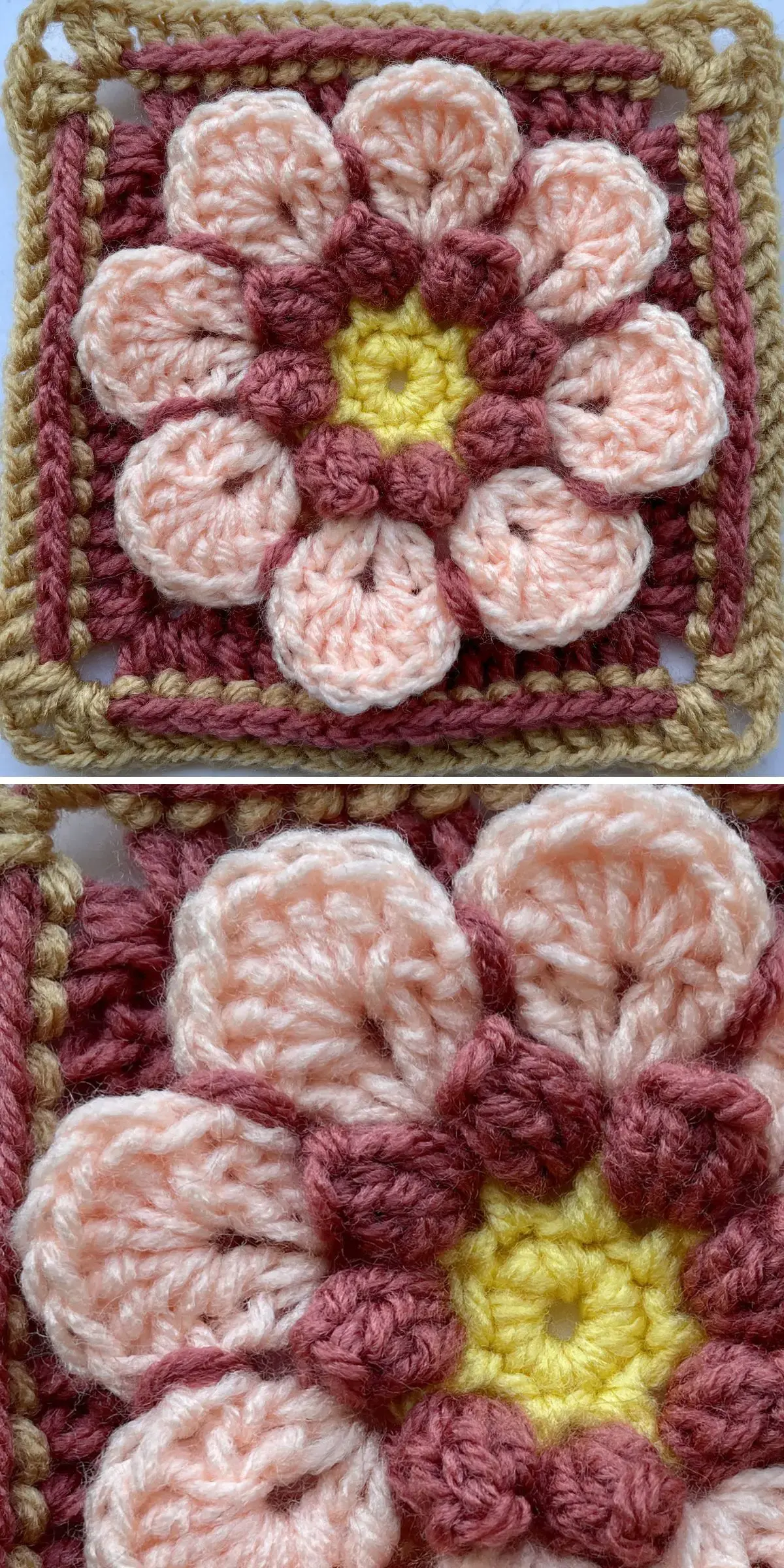 A delightful crochet square featuring a flower with pink petals, a sunny yellow center, and a warm brown border.