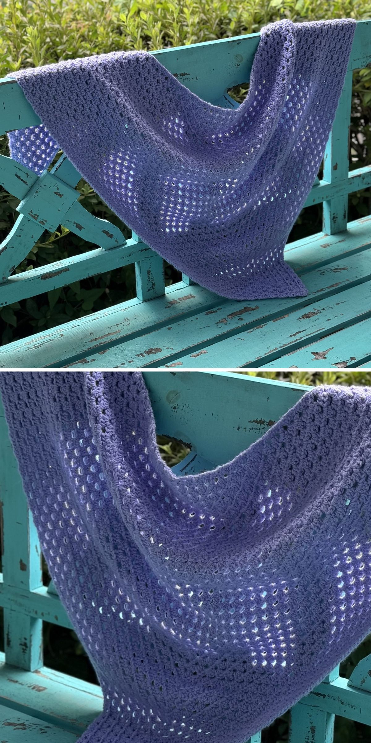 A purple crochet shawl draped over a weathered turquoise wooden bench.