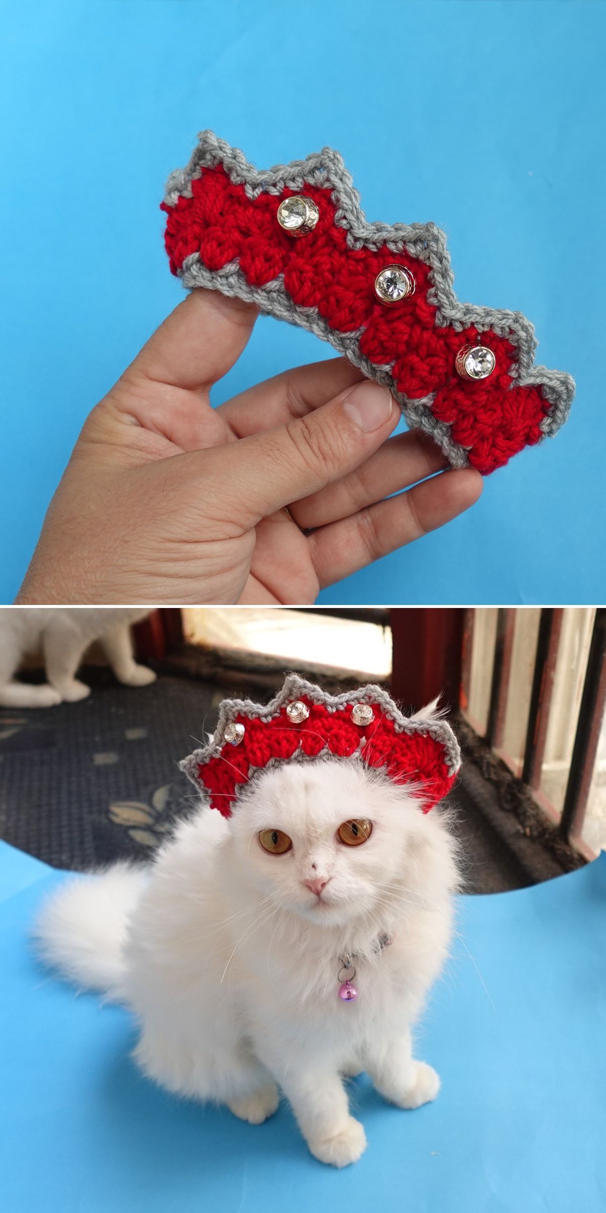 A hand holds a small, red, crocheted crown headband with silver embellishments.