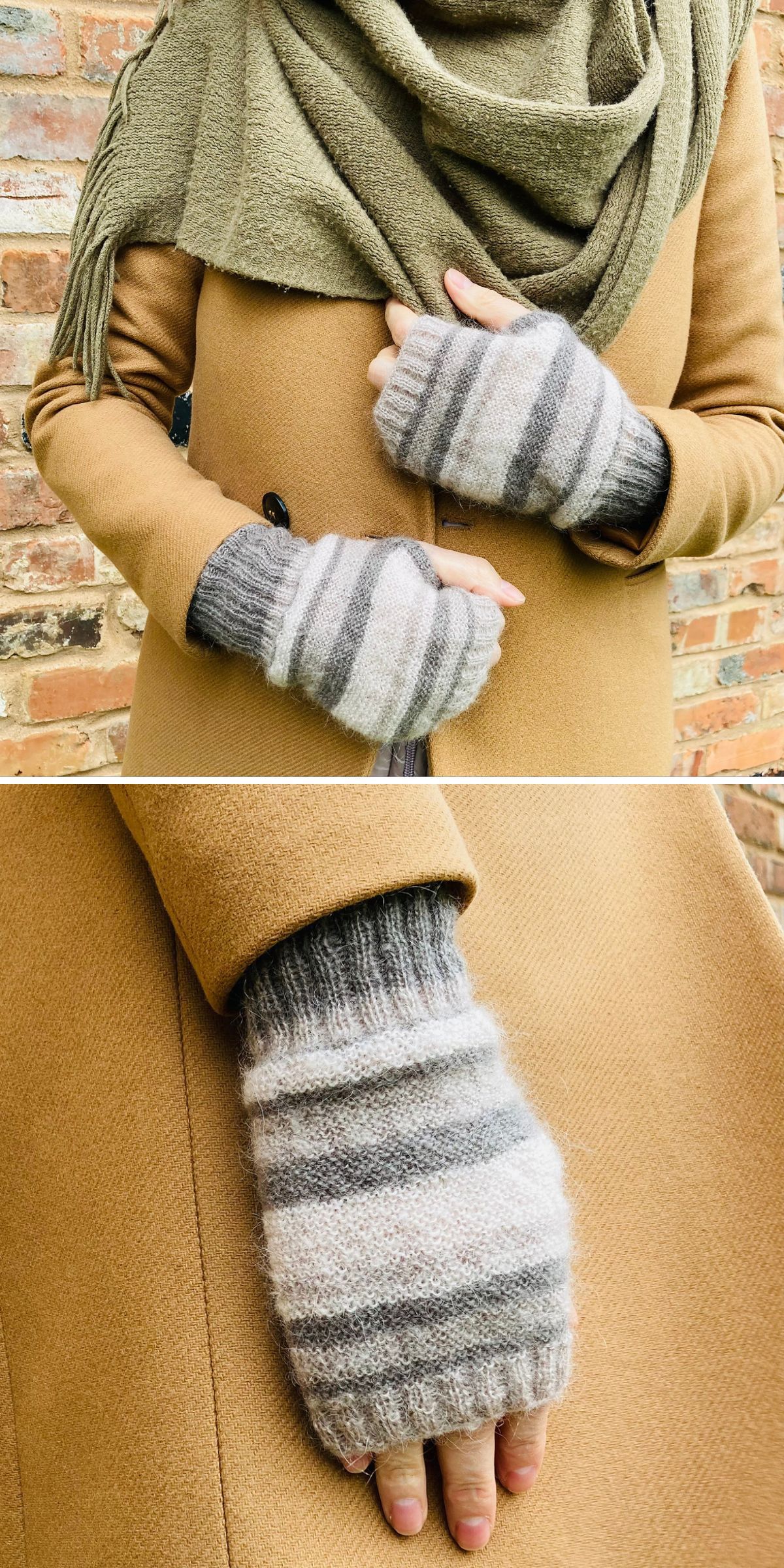 A person wearing striped, knitted mittens and a tan coat, wrapped in an olive-green scarf, stands against a brick wall.