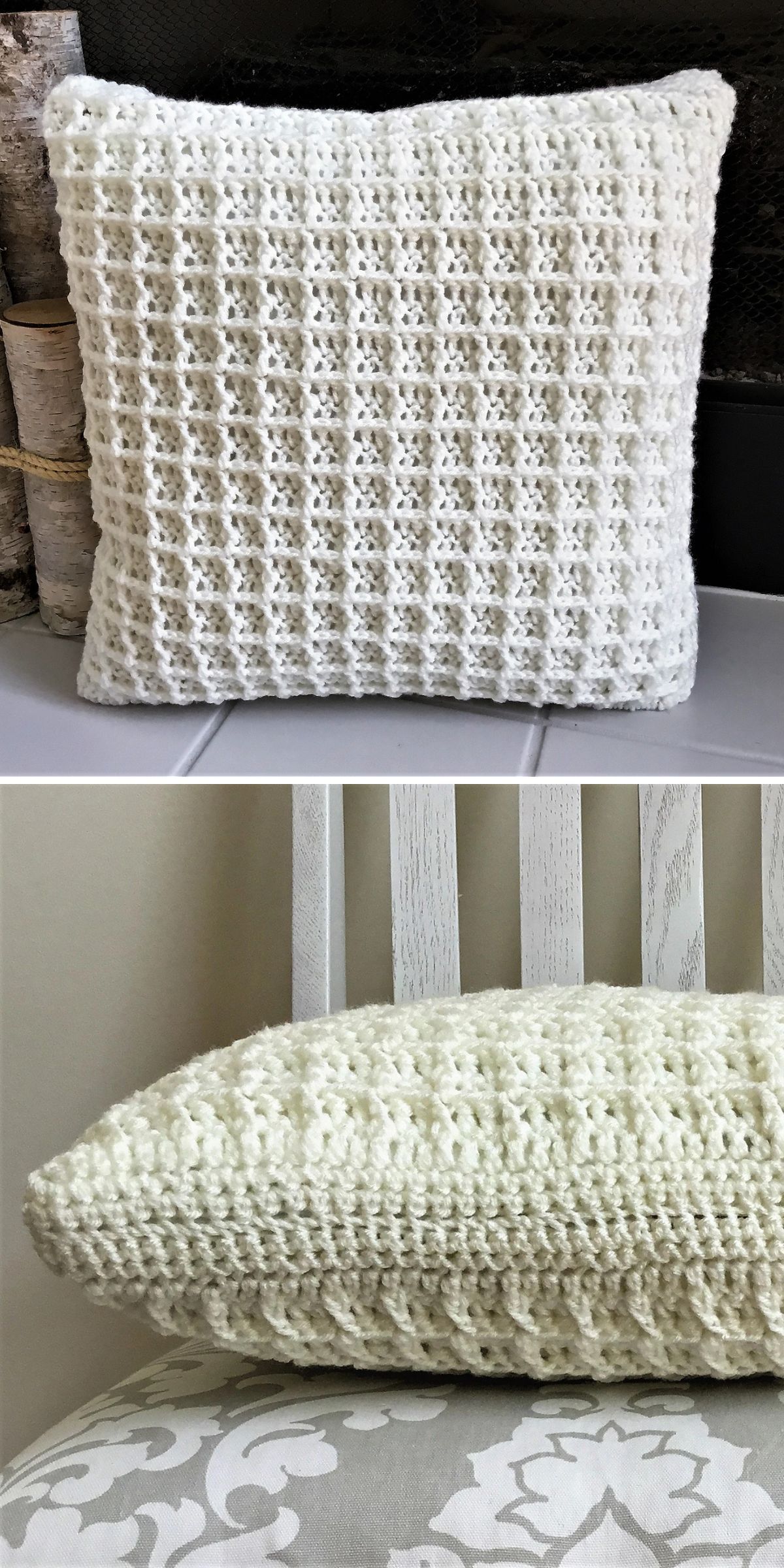 A white crochet pillow with a textured pattern.