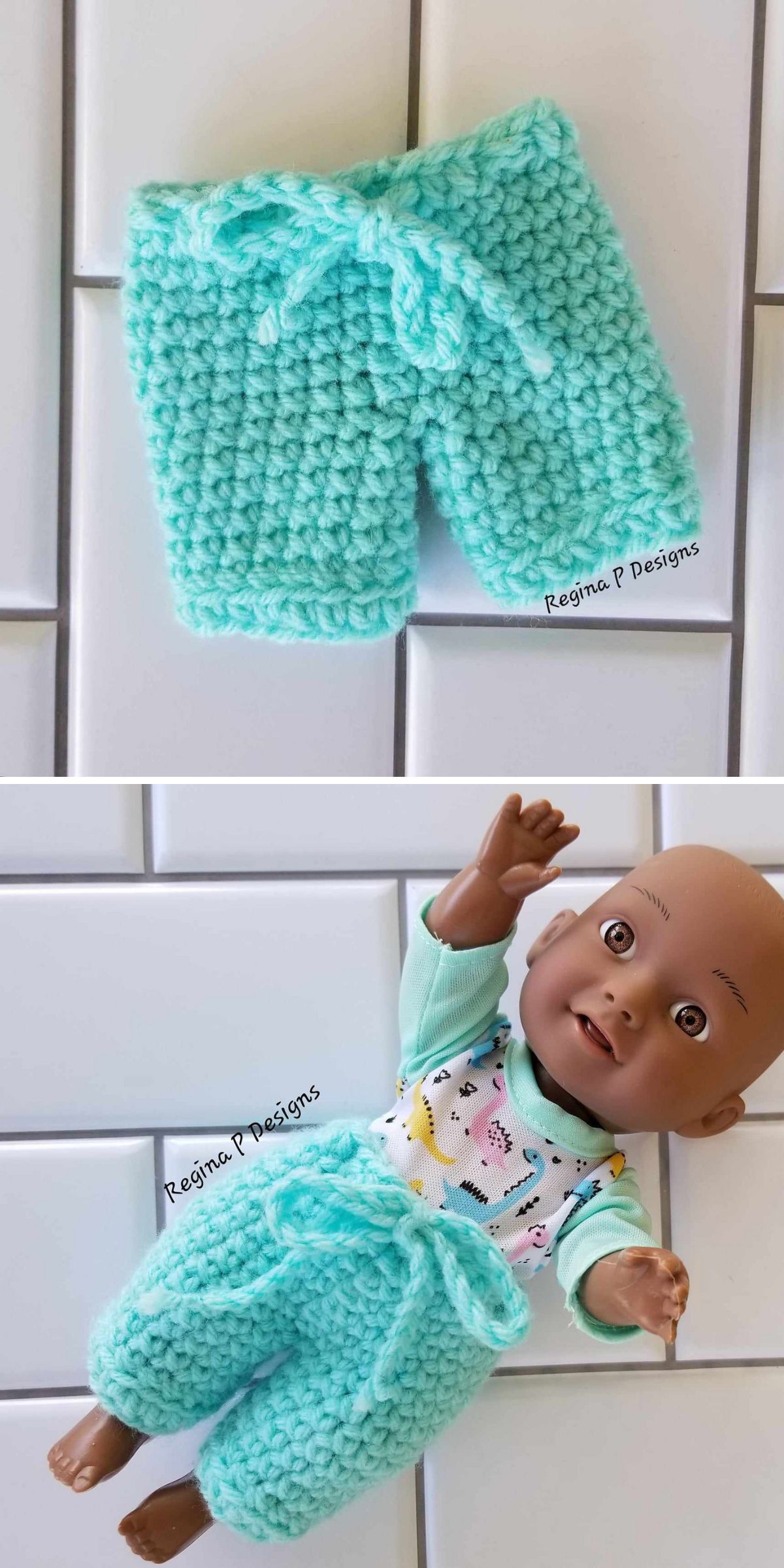 Turquoise crocheted doll shorts.