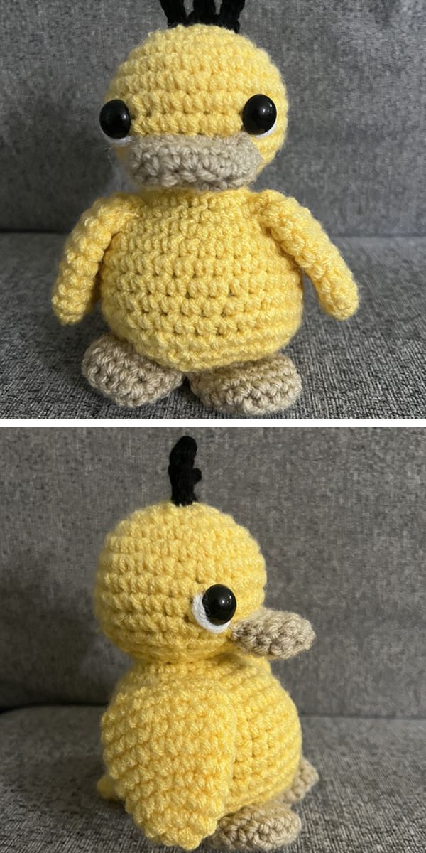 Crocheted yellow duck plush with black button eyes and black tufts on the head, displayed in front and side views on a gray background.
