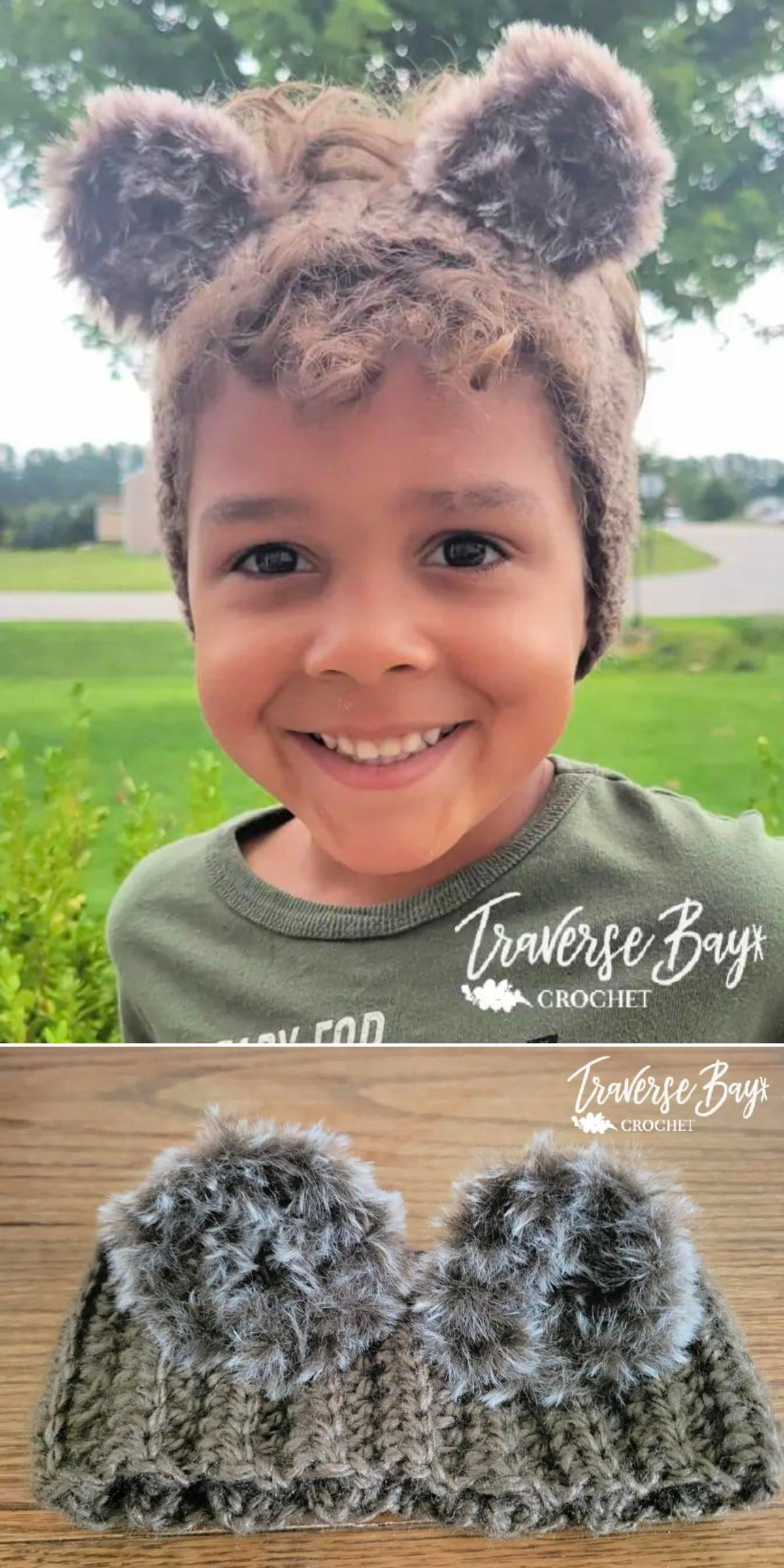 Child smiling while wearing a crocheted headband with fuzzy bear ears.
