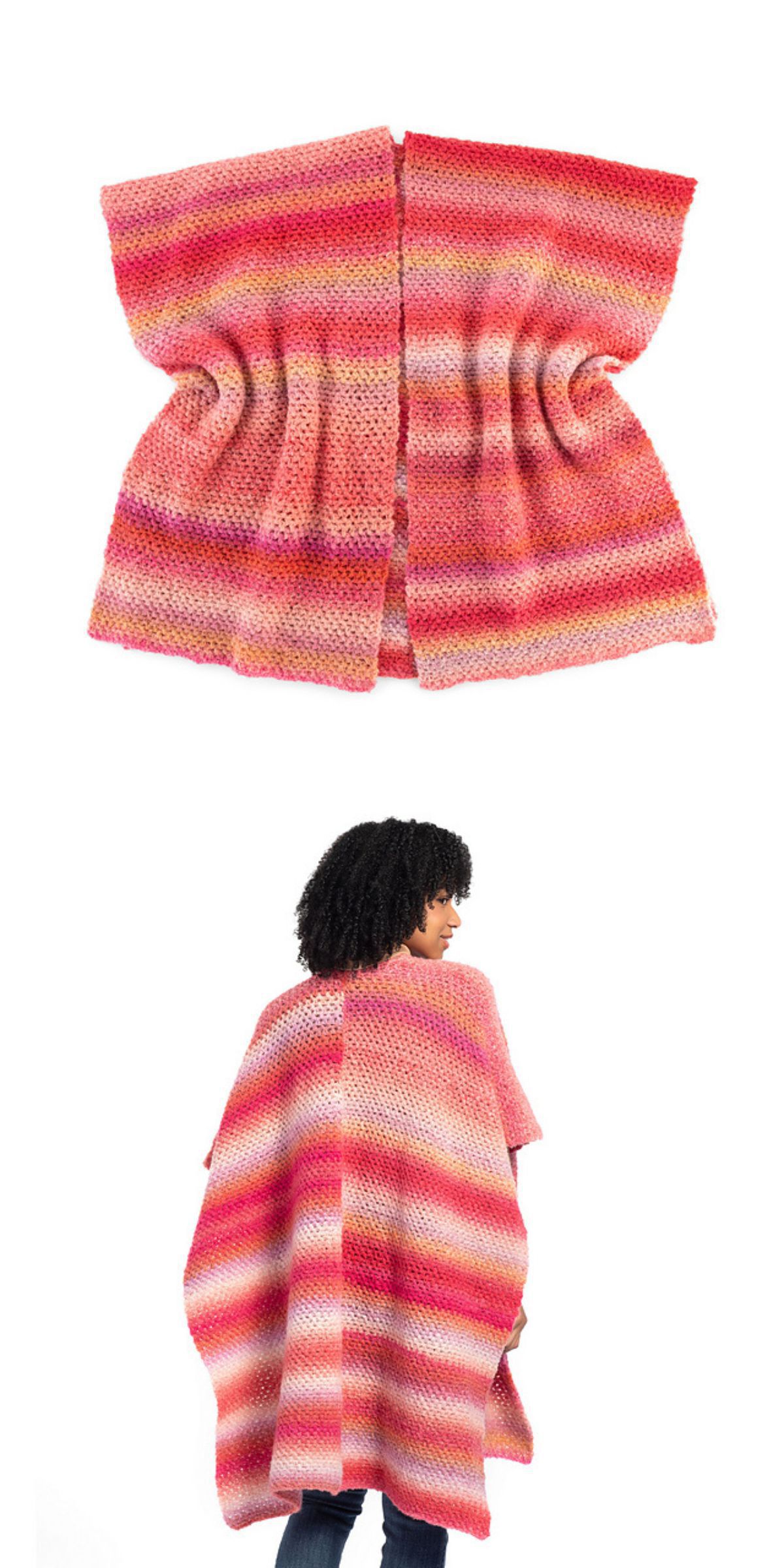 A woman wearing a long crochet shawl with pink, red, and white horizontal stripes.