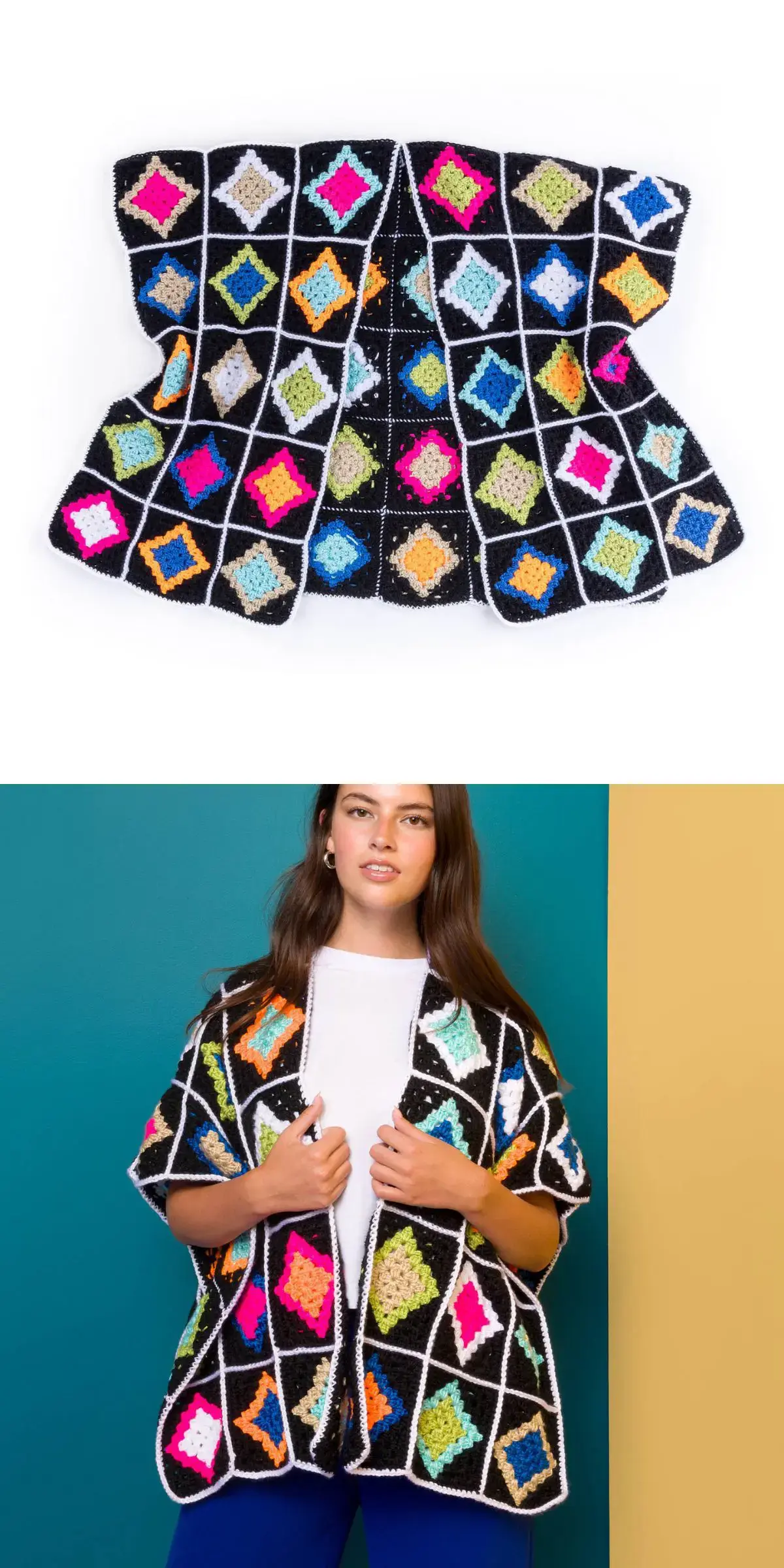 A multicolored crochet granny square ruana with a diamond pattern.