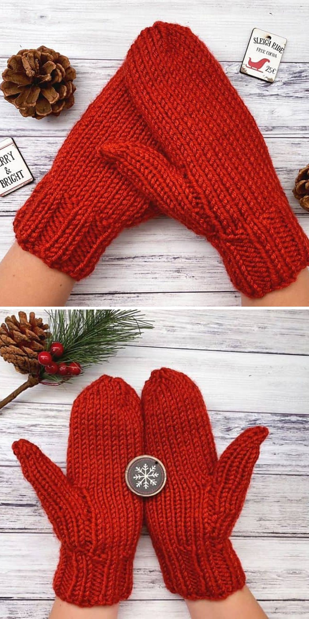 Two images of vibrant red knitted mittens rest on a white wooden surface, accompanied by pinecones, and berries.