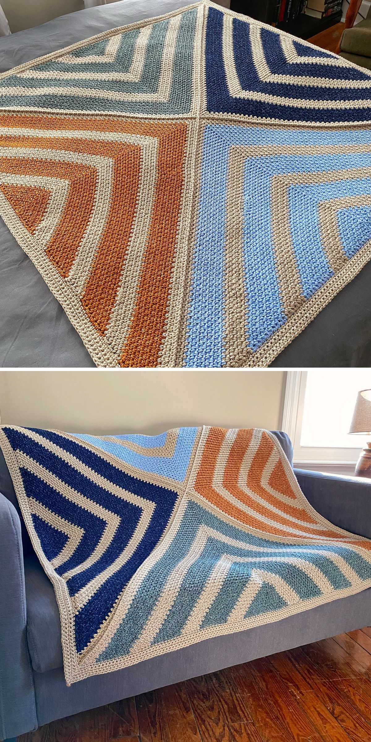 Two images of crochet afghans featuring geometric patterns in shades of blue, brown, and beige, displayed on a bed and draped over a sofa.
