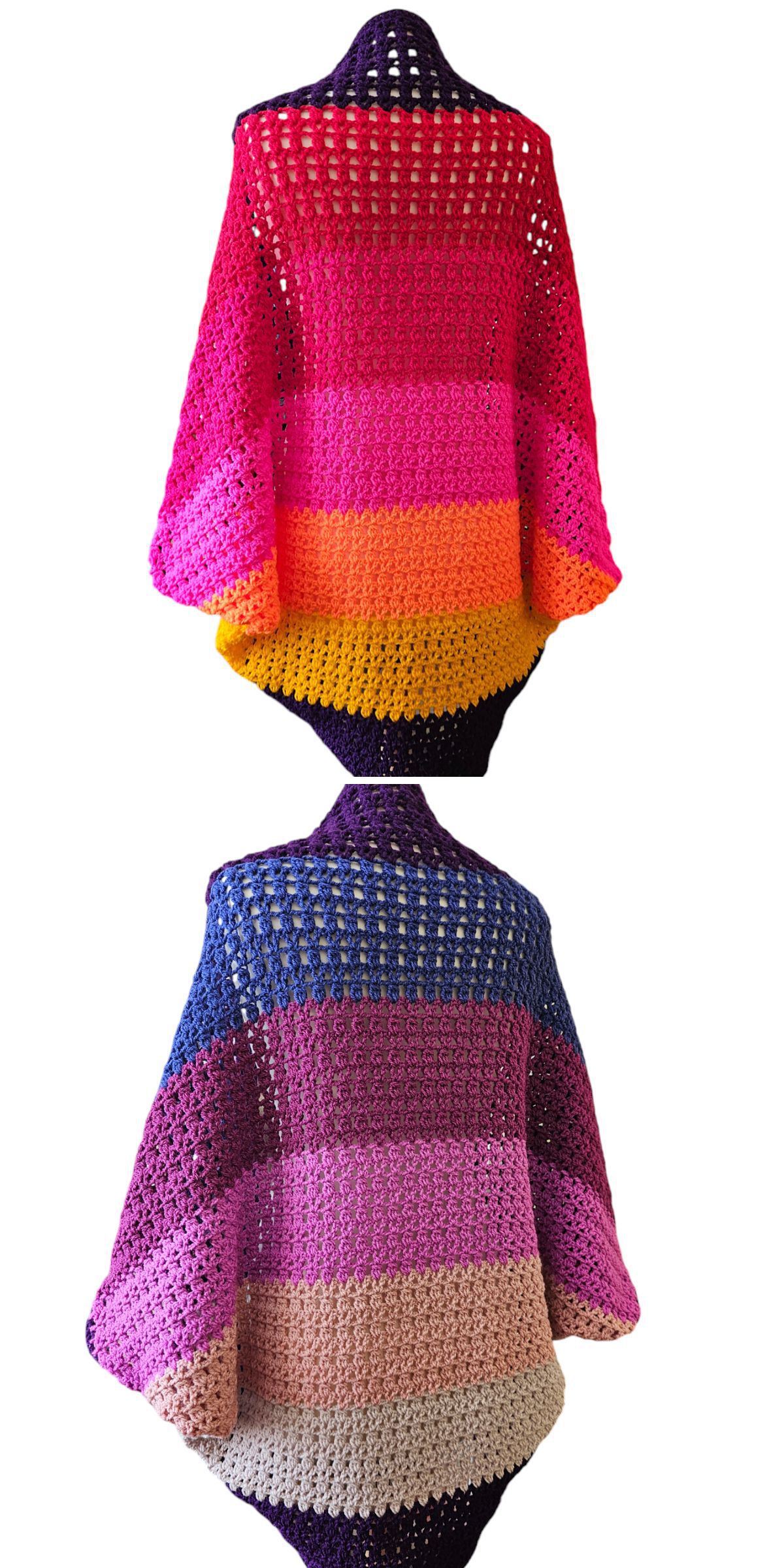 Two warm crochet cardigans displayed on a stand.