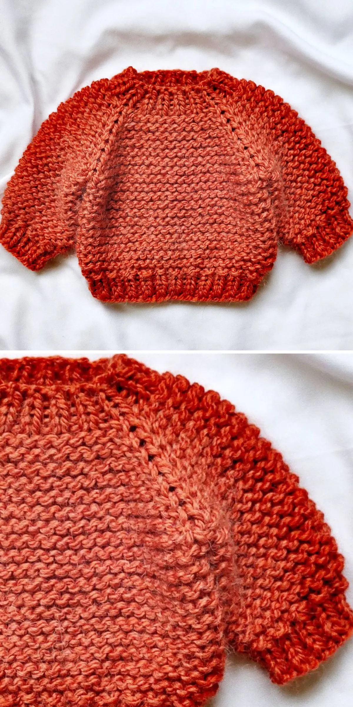 A hand-knitted baby sweater in textured red-orange is displayed on a white background, showcasing its chunky knit and ribbed cuffs.